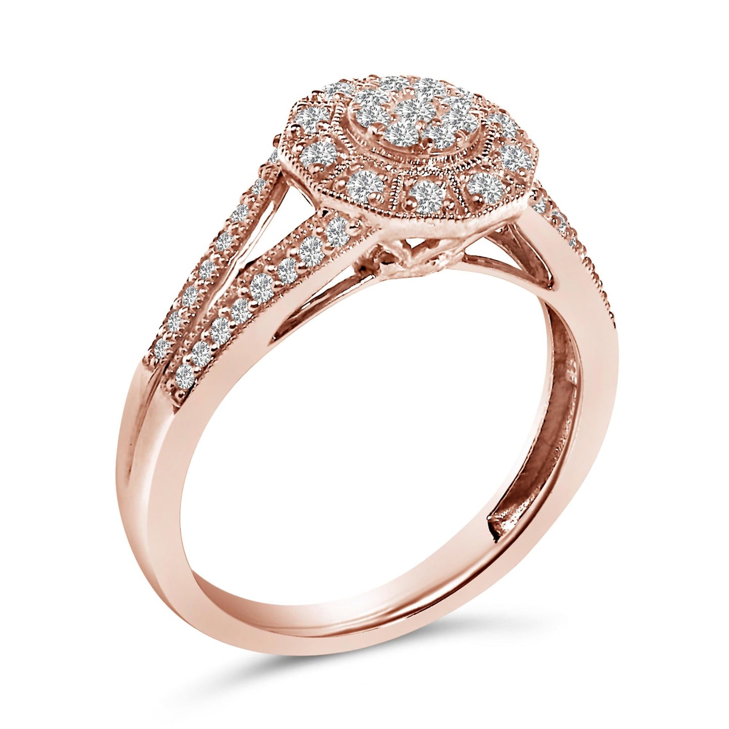 14K Rose Gold Plated .925 Sterling Silver 1/2 Cttw Pave Diamond Halo Cluster Split Shank Cocktail Ring (I-J Color, I1-I2 Clarity)-3