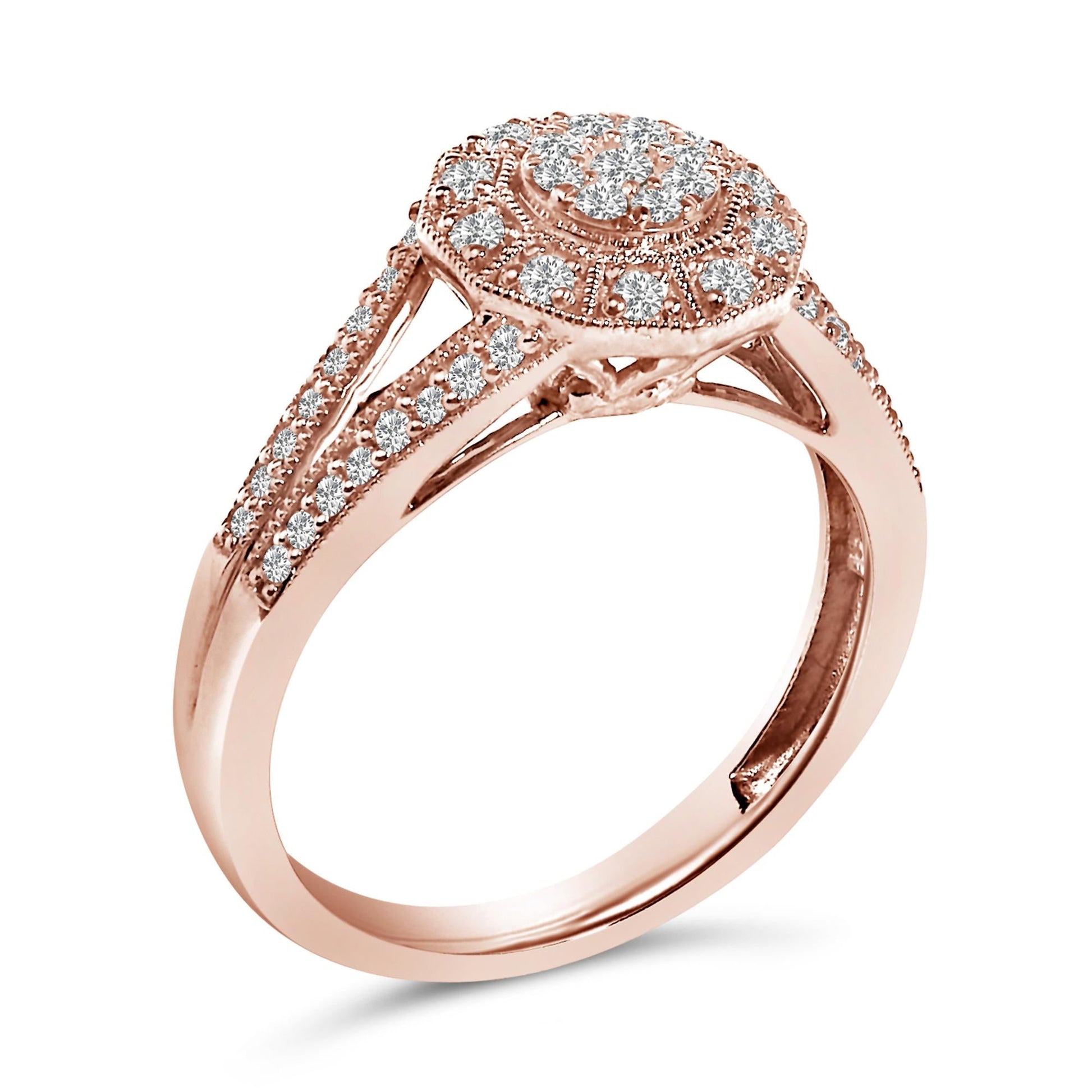 14K Rose Gold Plated .925 Sterling Silver 1/2 Cttw Pave Diamond Halo Cluster Split Shank Cocktail Ring (I-J Color, I1-I2 Clarity)-3