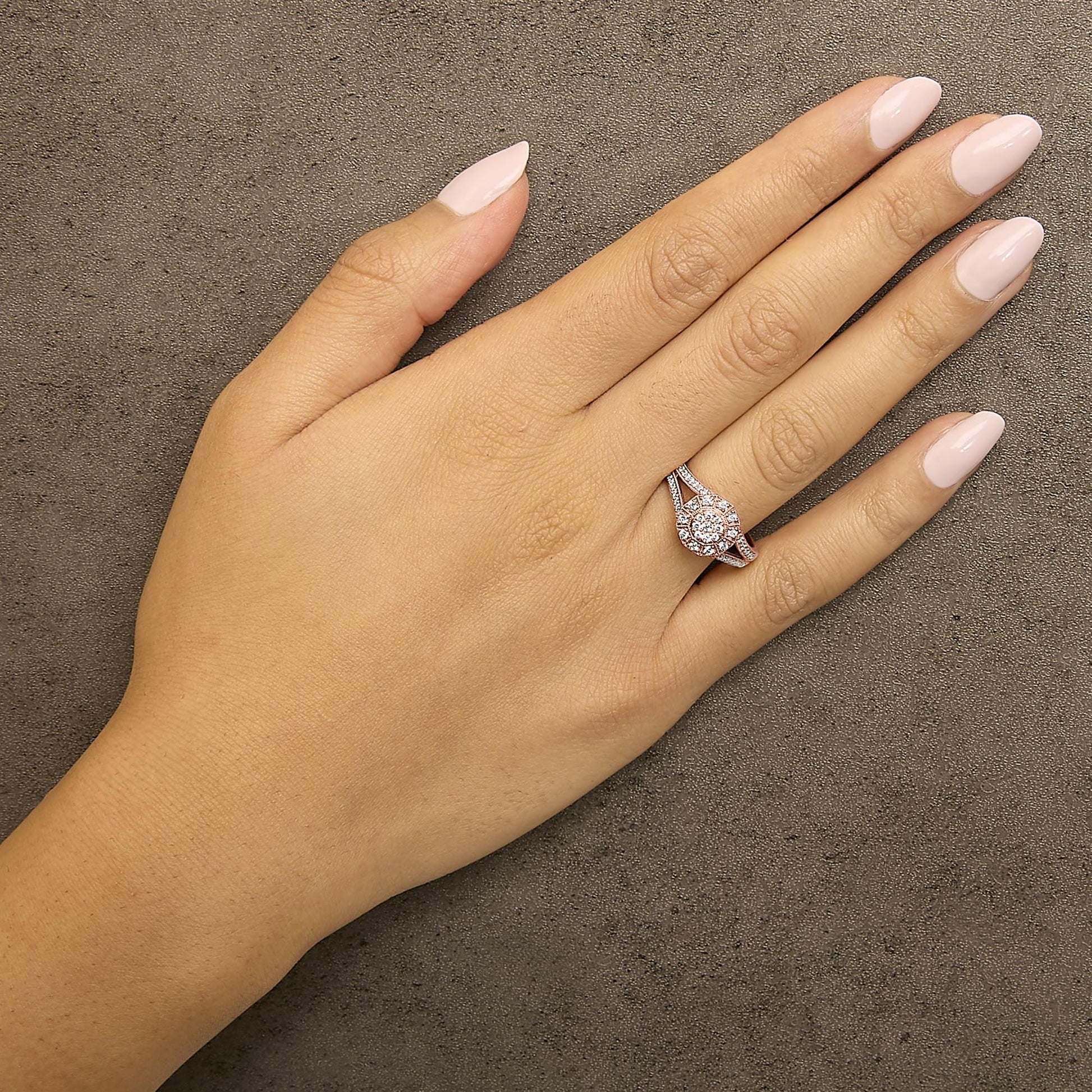 14K Rose Gold Plated .925 Sterling Silver 1/2 Cttw Pave Diamond Halo Cluster Split Shank Cocktail Ring (I-J Color, I1-I2 Clarity)-2