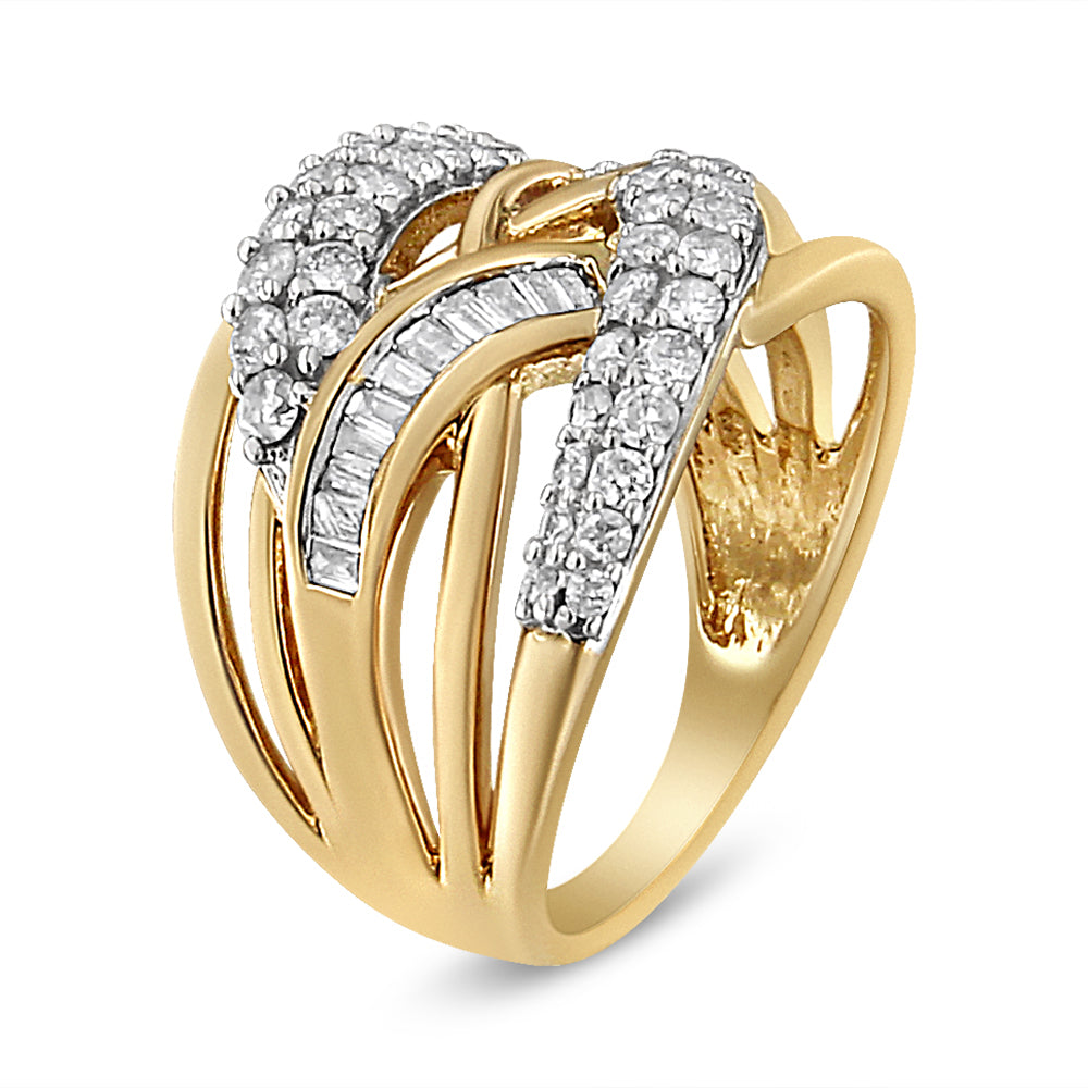 10K Yellow and White Gold 1.0 Cttw Round and Baguette-Cut Diamond Multirow Interwoven Cocktail Ring (I-J Color, I2-I3 Quality)-3