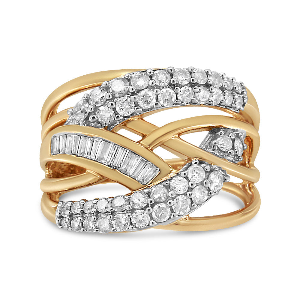 10K Yellow and White Gold 1.0 Cttw Round and Baguette-Cut Diamond Multirow Interwoven Cocktail Ring (I-J Color, I2-I3 Quality)-4