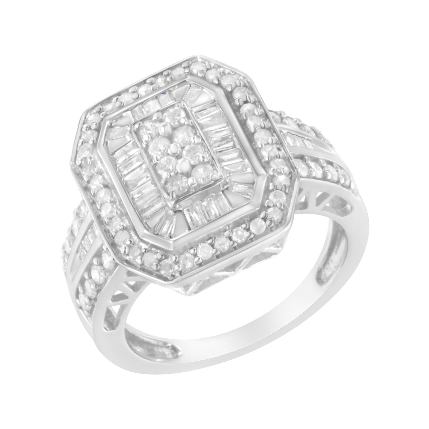 .925 Sterling Silver Round and Baguette Diamond Cathedral Ring (0.75 Cttw, H-I Color, I2-I3 Clarity)-3