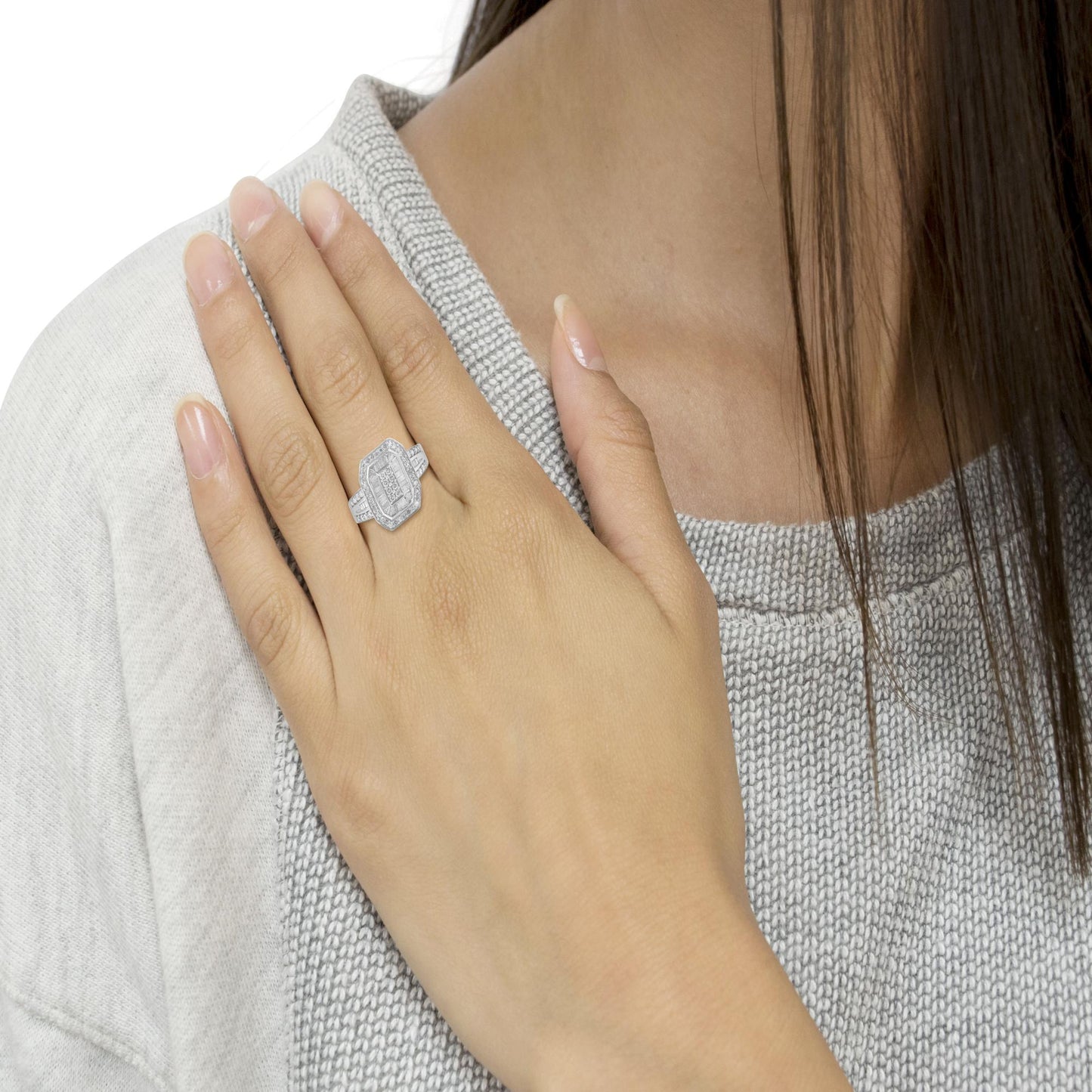 .925 Sterling Silver Round and Baguette Diamond Cathedral Ring (0.75 Cttw, H-I Color, I2-I3 Clarity)-2