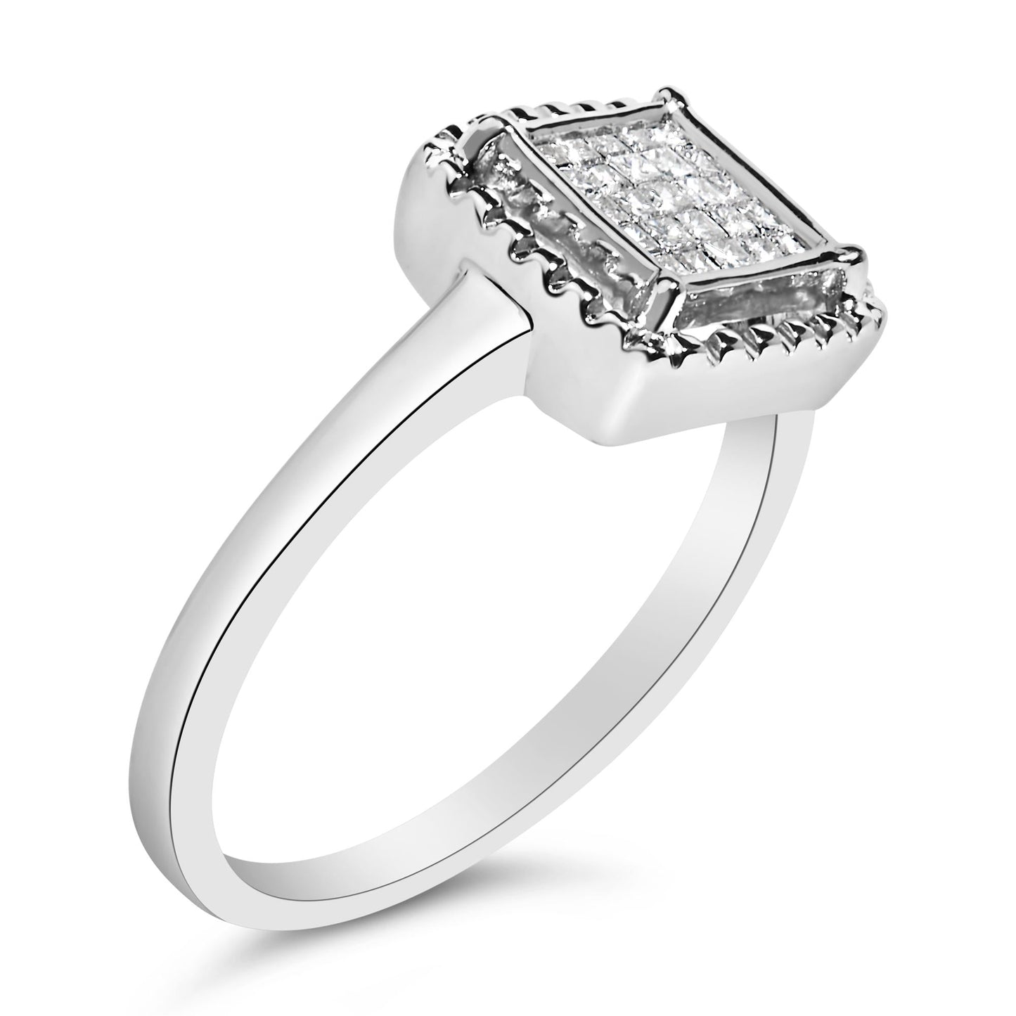 .925 Sterling Silver 1/5 Cttw Invisible Set Princess Cut Diamond Promise Ring with Beaded Halo (H-I Color, I1-I2 Clarity)-3