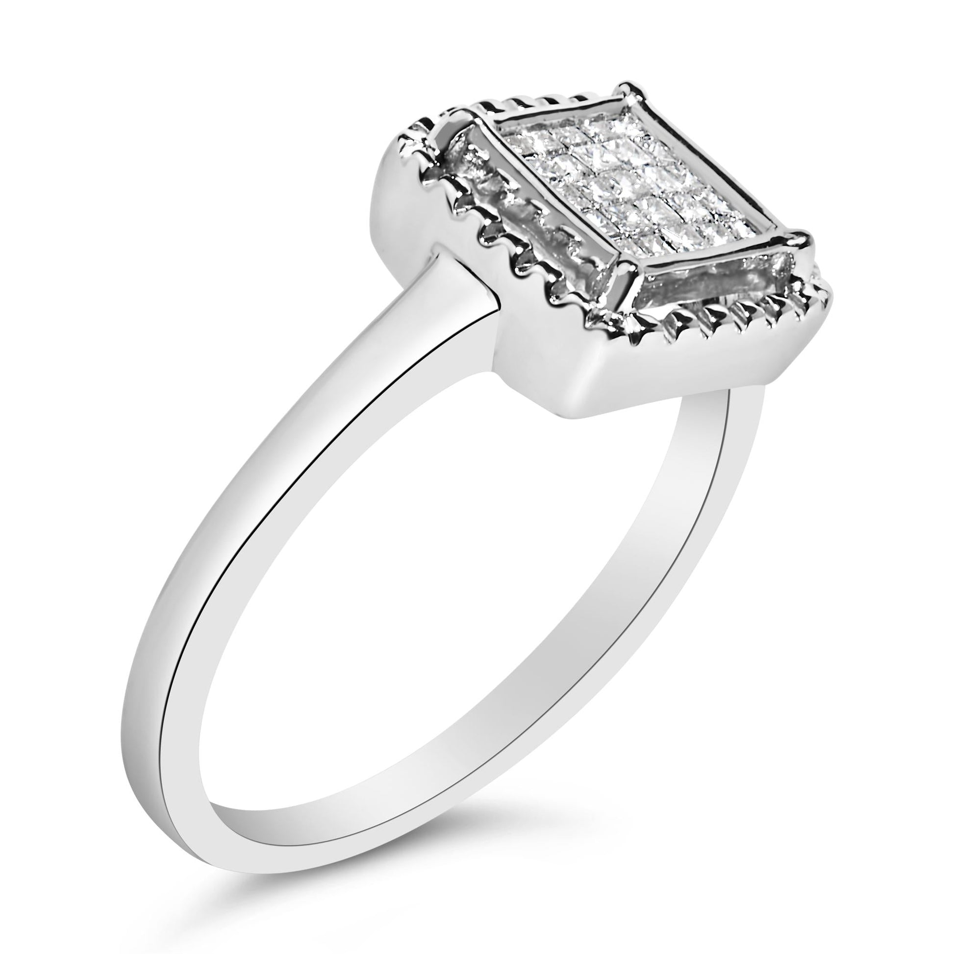 .925 Sterling Silver 1/5 Cttw Invisible Set Princess Cut Diamond Promise Ring with Beaded Halo (H-I Color, I1-I2 Clarity)-3