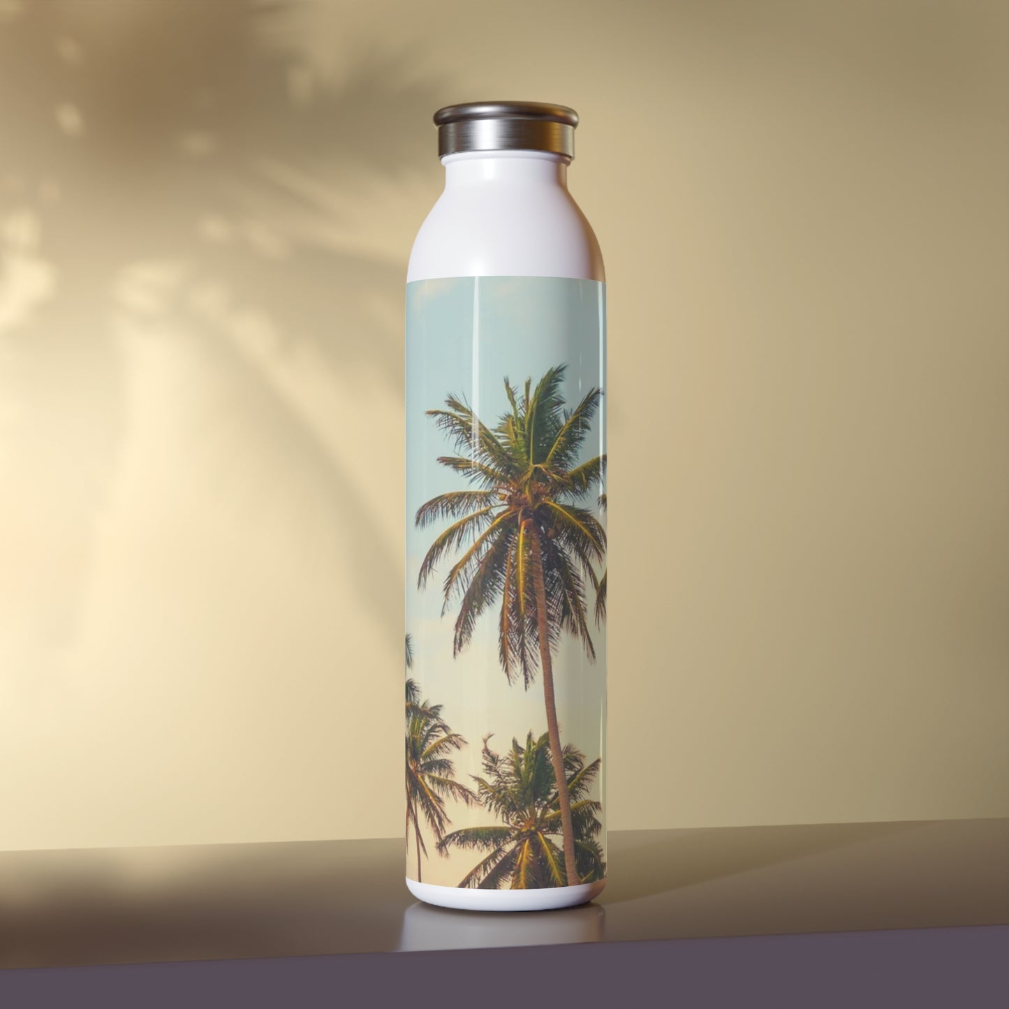 CALIFORNIA  PALM TREES Tropical Sunset Slim Water Bottle, Eco-Friendly Drinkware, Summer Hydration, Beach Vibes, Travel Accessory, Gift for Nature Lovers
