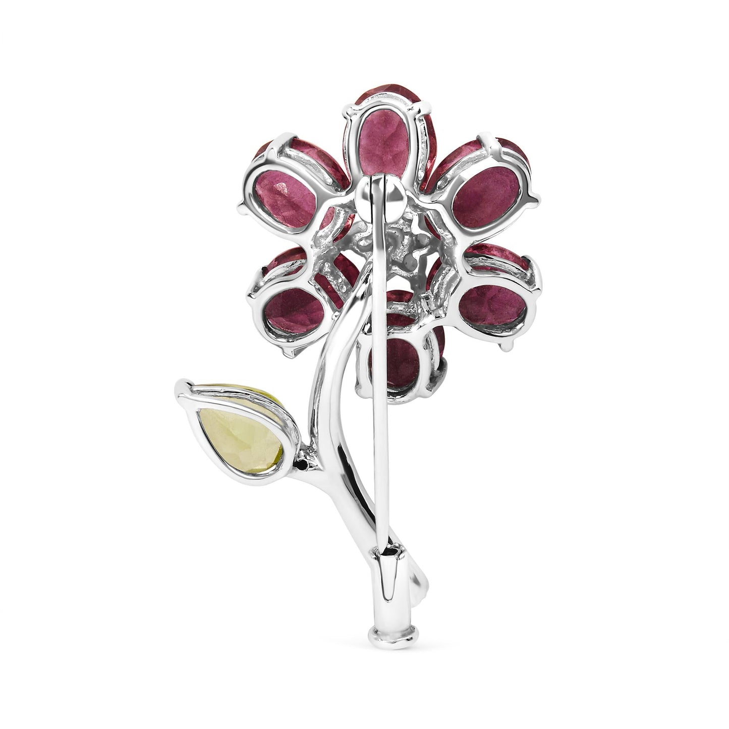 18K White Gold 1/3 Cttw Diamond, Pink Tourmaline, and Green Peridot Flower and Leaf Tulip Brooch Pin (H-I Color, VS2-SI1)-3
