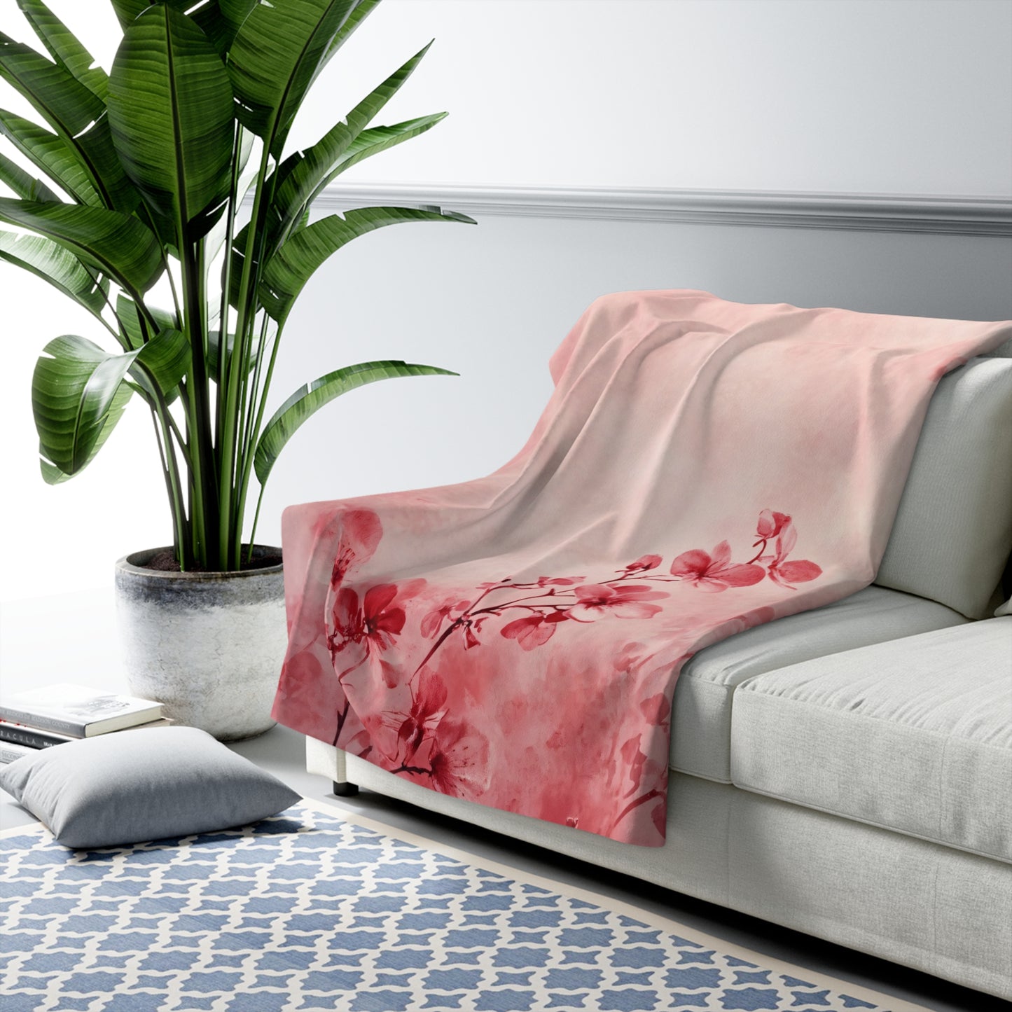 Pink Floral Branch Sherpa Fleece Blanket Blossom Watercolor Throw