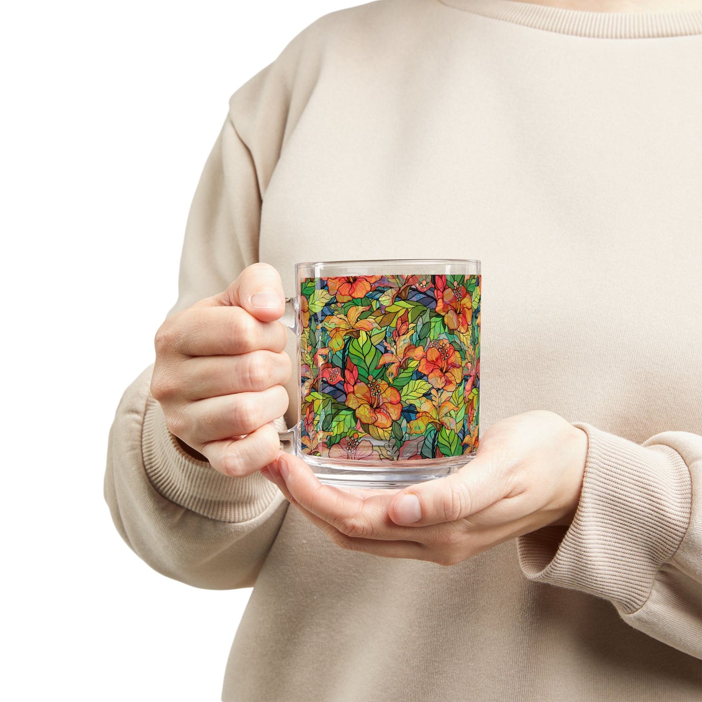 Multicolor Hibiscus Floral Print Stained Glass Mug, 10oz Glass Mug
