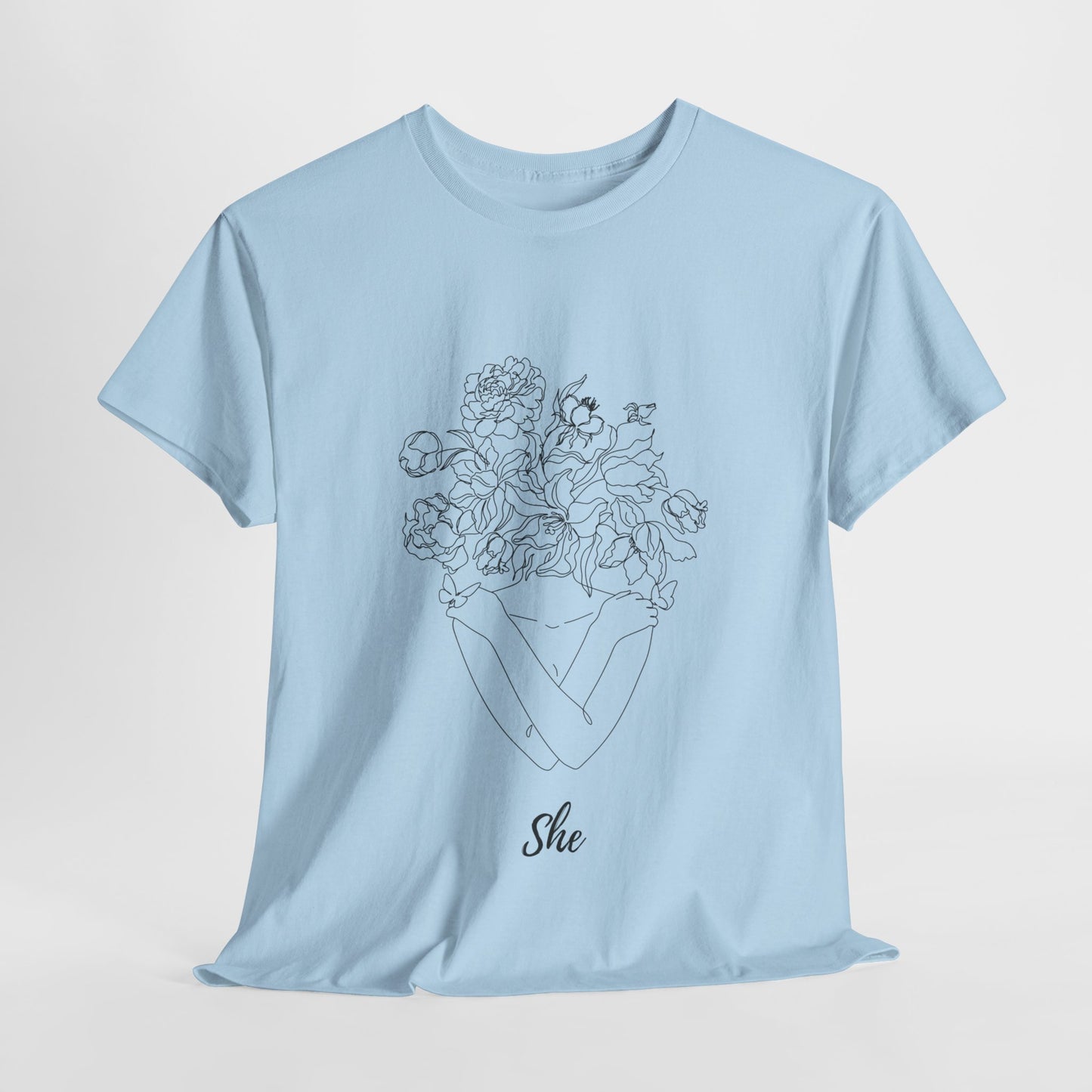 SHE Floral Love Unisex Heavy Cotton Tee, Casual T-Shirt, Gift for Her, Summer Fashion, Relaxed Fit Tee