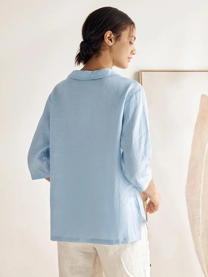 100% Linen V-Neck Half Sleeve Top JADE
