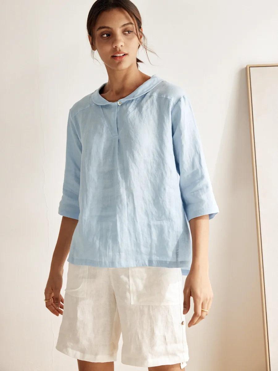 100% Linen V-Neck Half Sleeve Top JADE