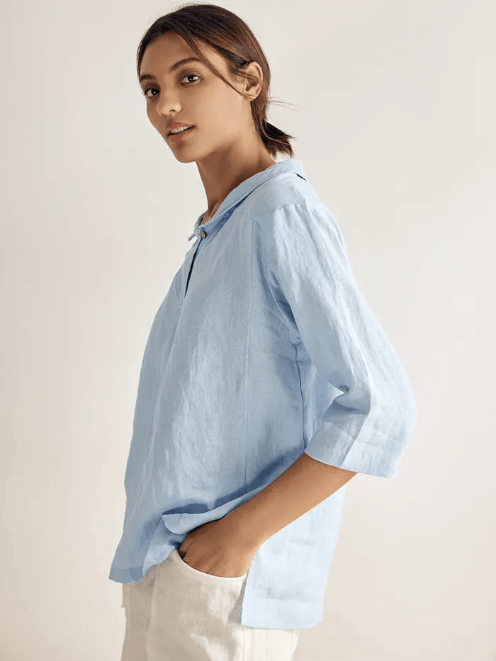100% Linen V-Neck Half Sleeve Top JADE