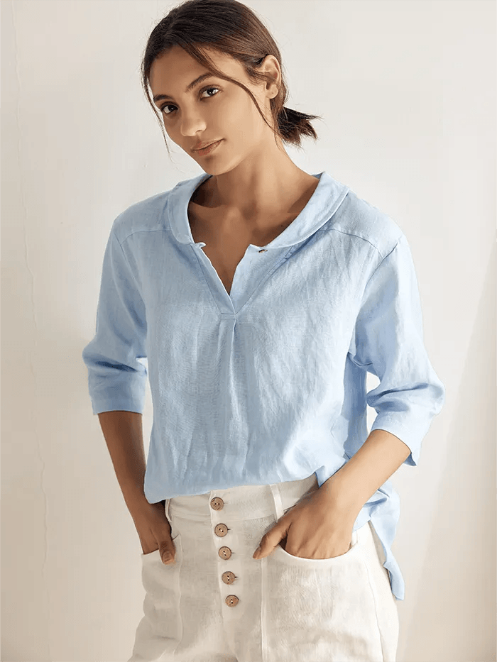 100% Linen V-Neck Half Sleeve Top JADE