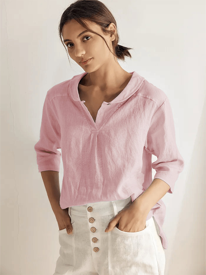 100% Linen V-Neck Half Sleeve Top JADE