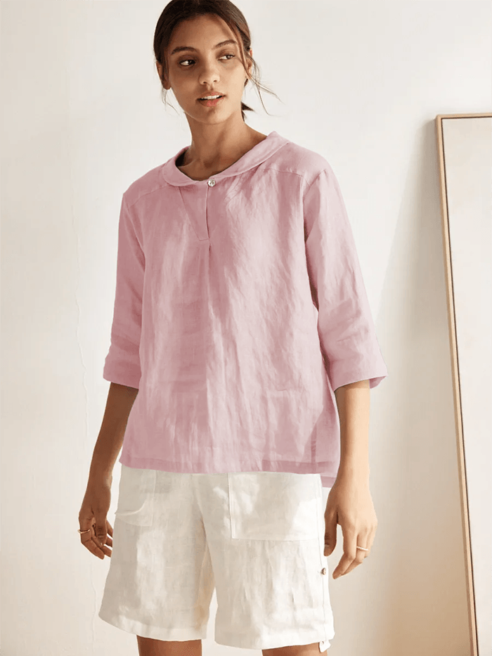 100% Linen V-Neck Half Sleeve Top JADE