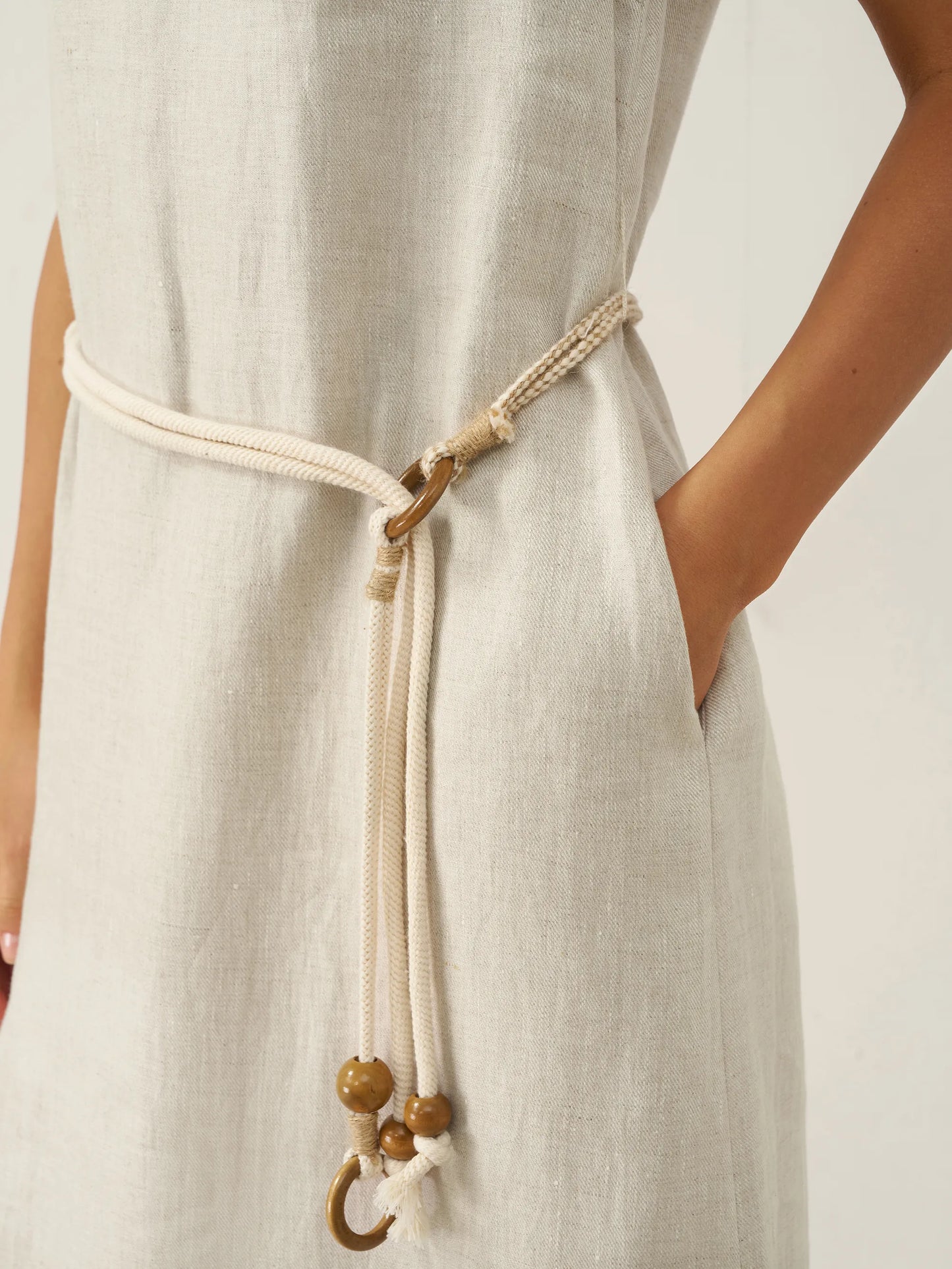 100% Linen Beaded Crew Neck Midi Dress with Belt BELLA