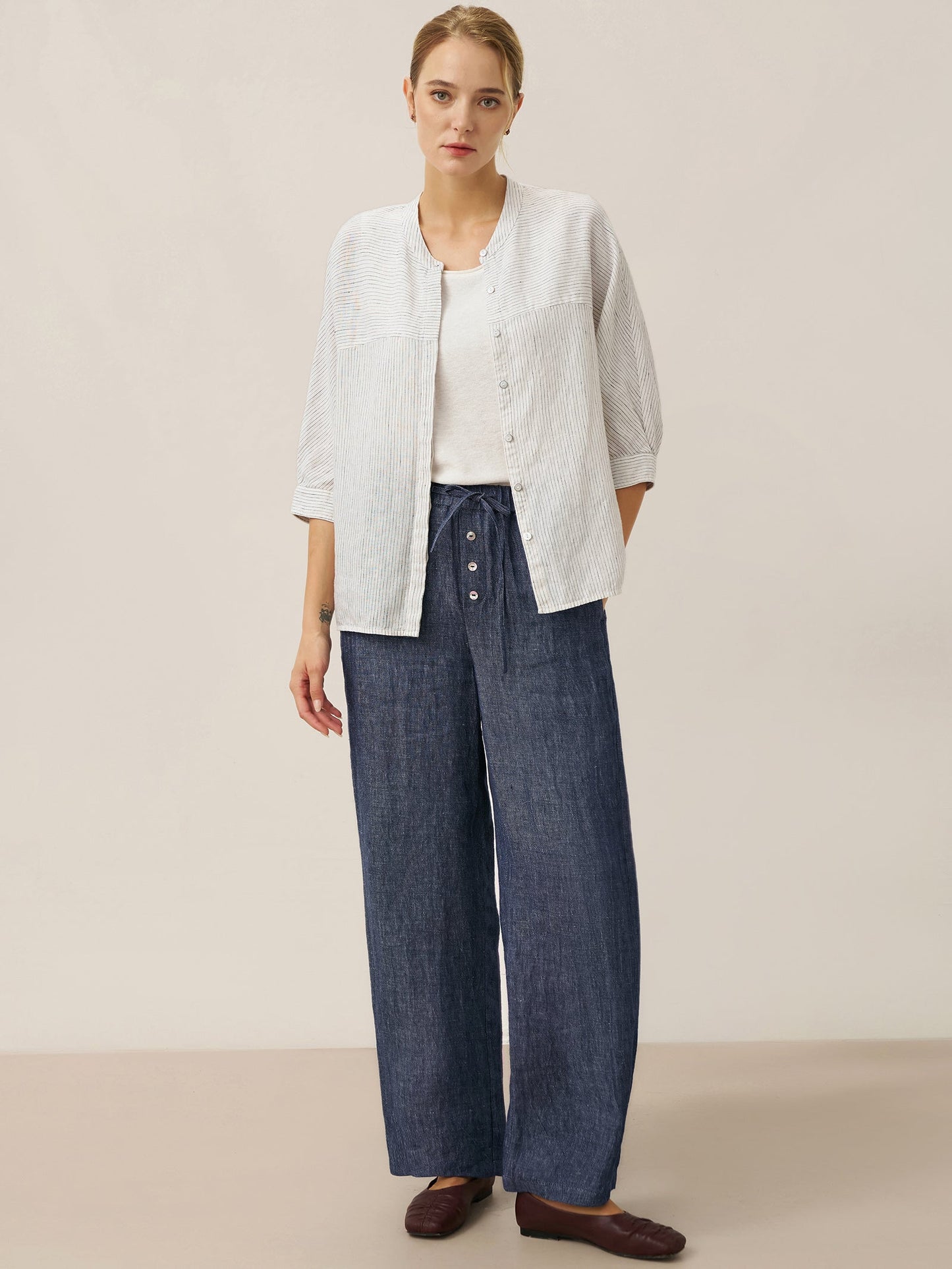 100% Linen Denim Texture Elastic Waist Straight Leg Pants HAZEL