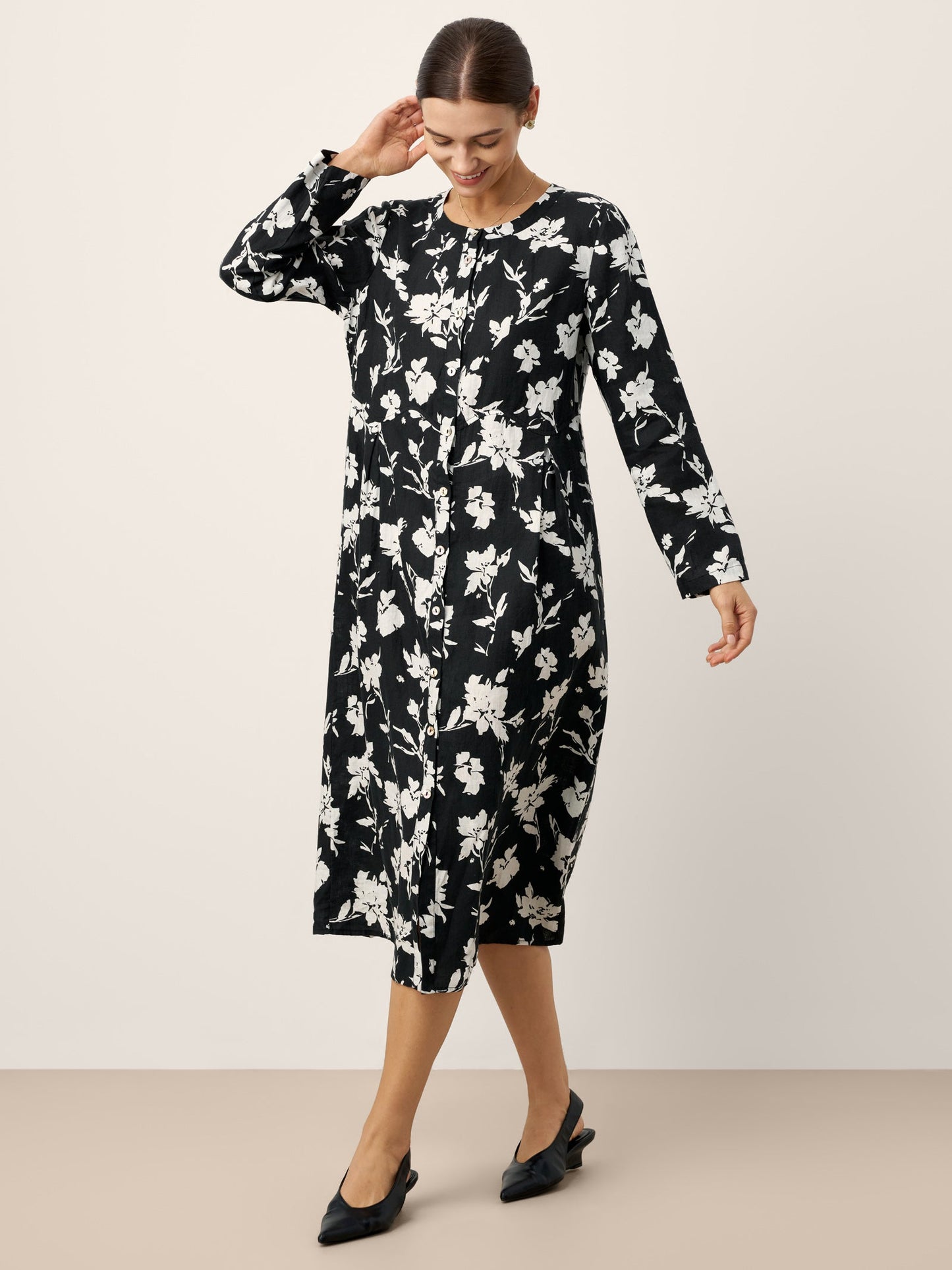 100% Linen Floral Printed Gathered Midi Dress ELODIE