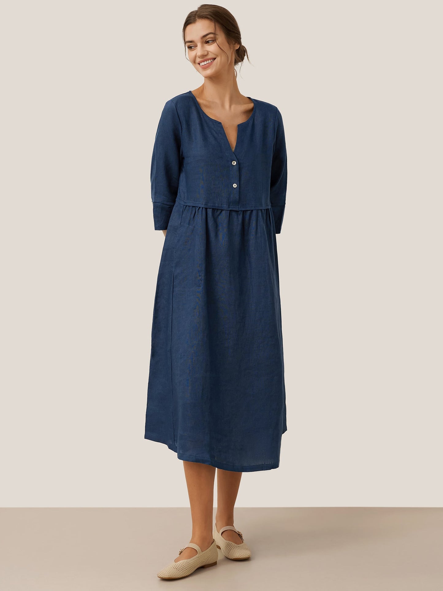 100% Linen Loose Fit Button Waist Gathered Midi Dress LUNA