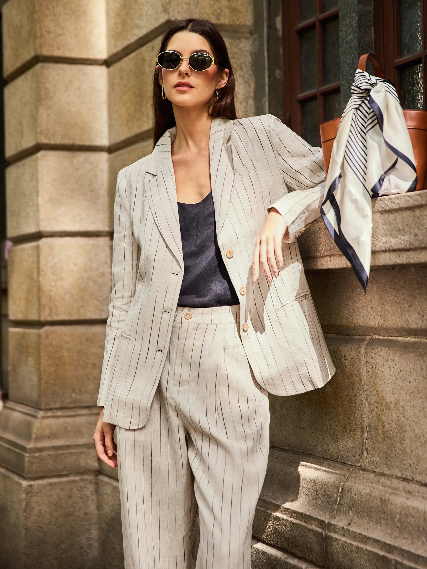100% Linen Sketch Stripe Straight-Leg Pants ELOISE