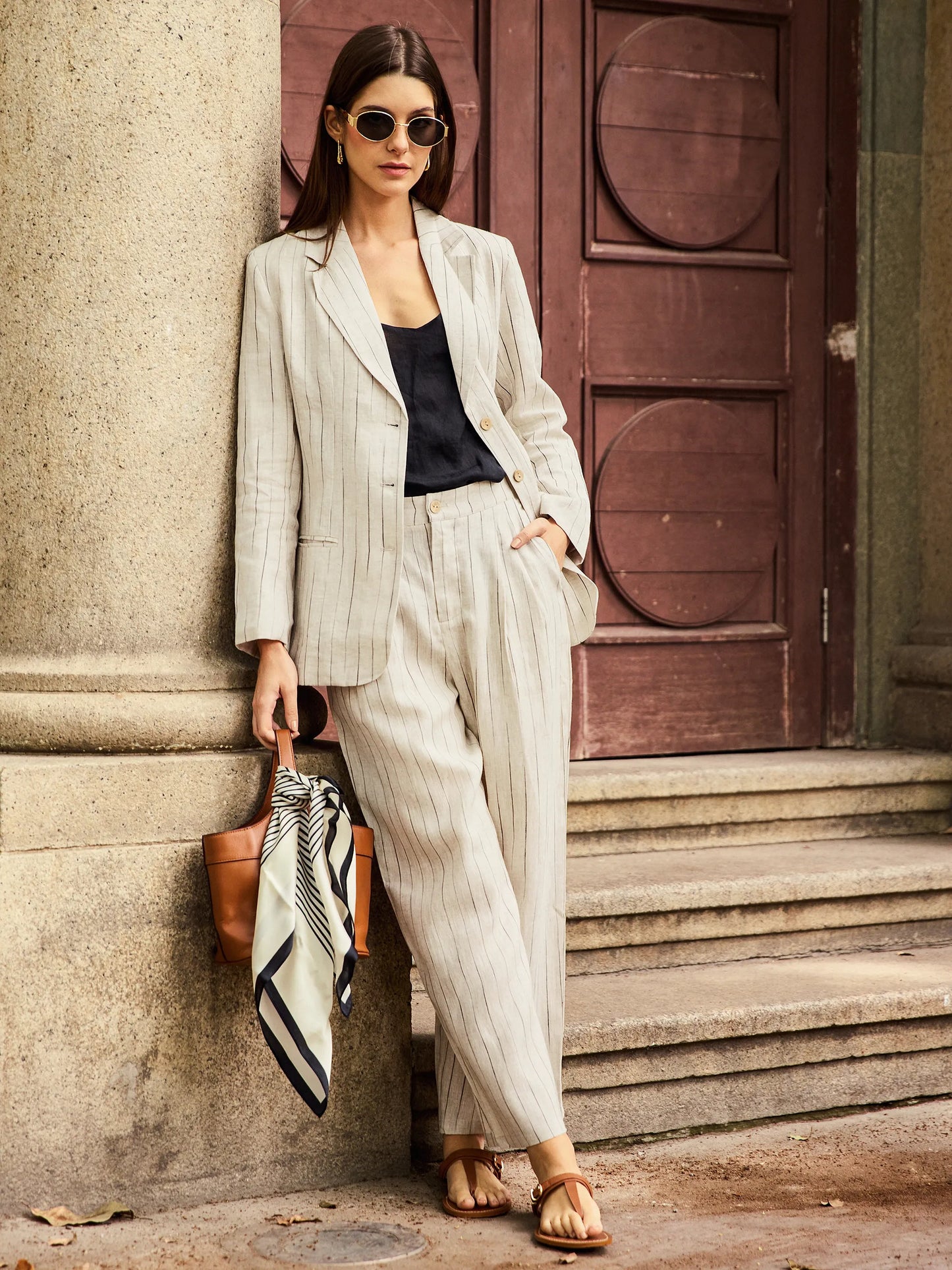 100% Linen Sketch Stripe Straight-Leg Pants ELOISE