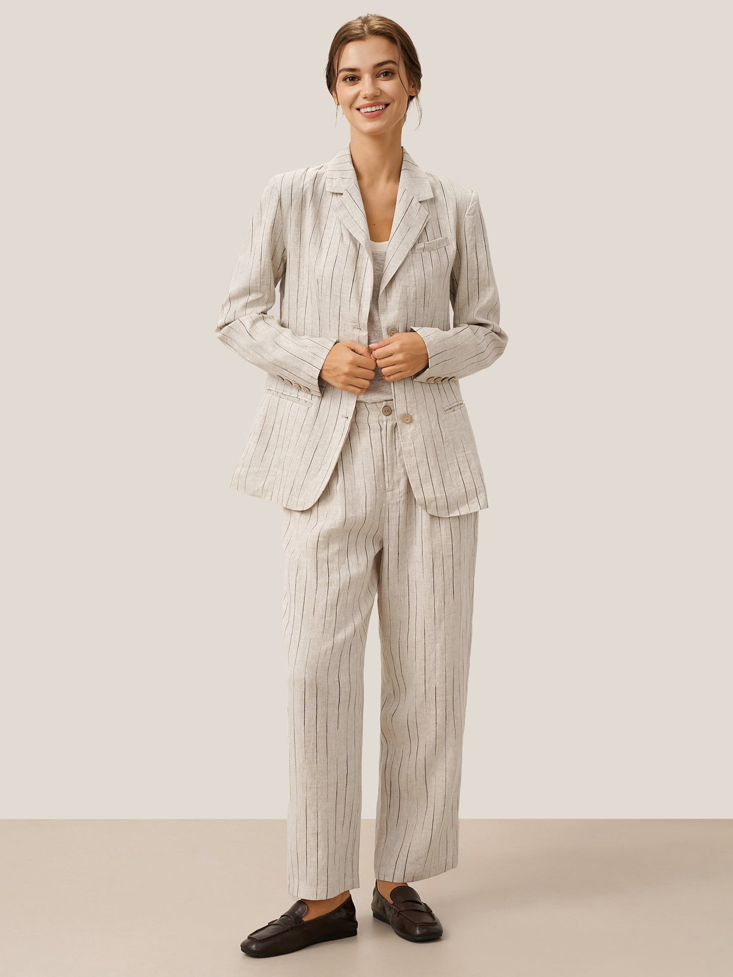 100% Linen Sketch Stripe Straight-Leg Pants ELOISE