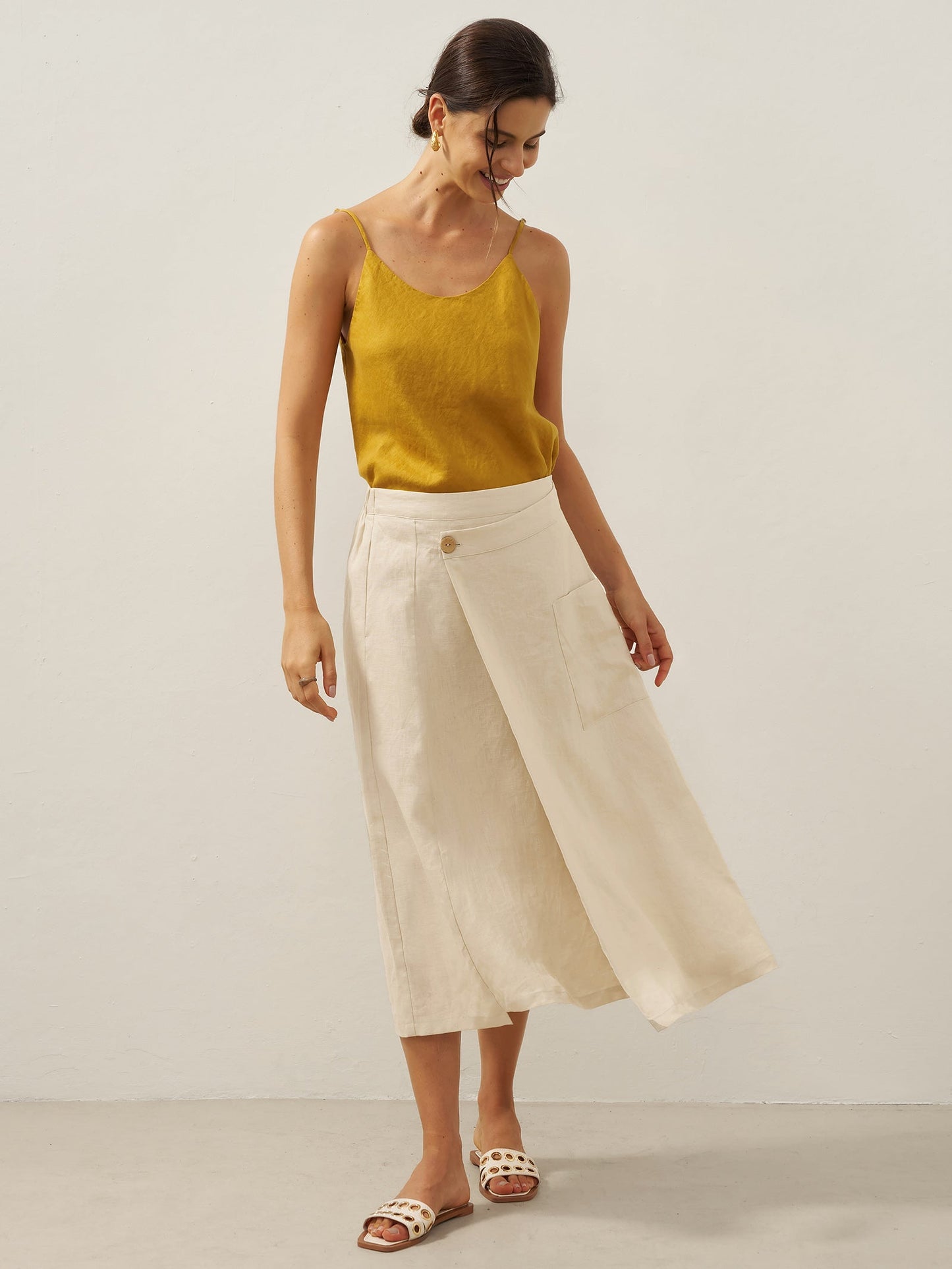 100% Linen Elastic Waist Angled Wrap Skirt FRESSA