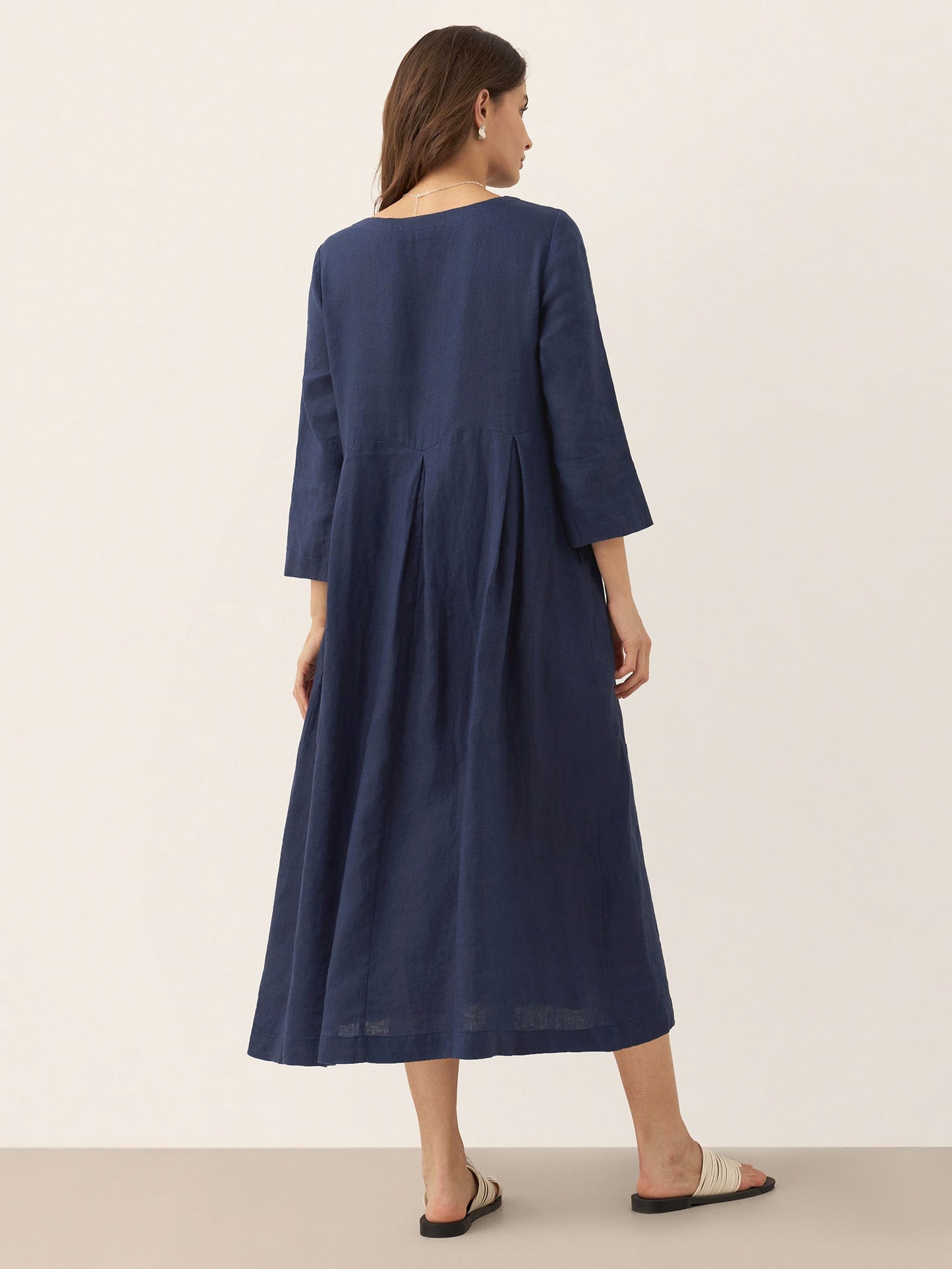 100% Linen Bateau Neck Pleated Midi Dress