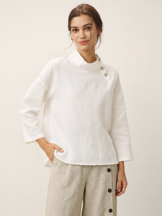 100% Linen Classic Side Neck Top CORA