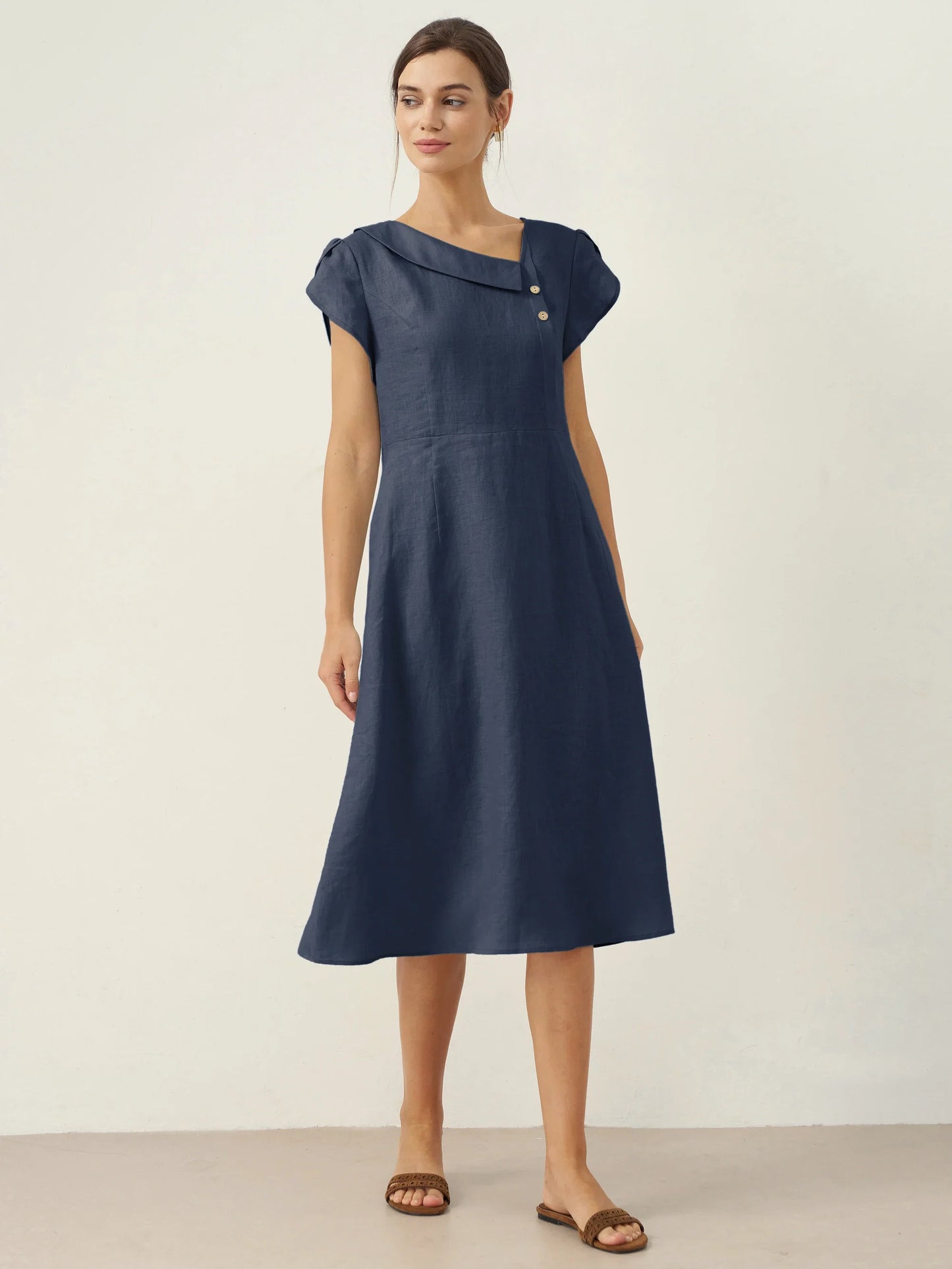 100% Linen Crescent Collar Flutter Sleeve Mini Dress FIONA