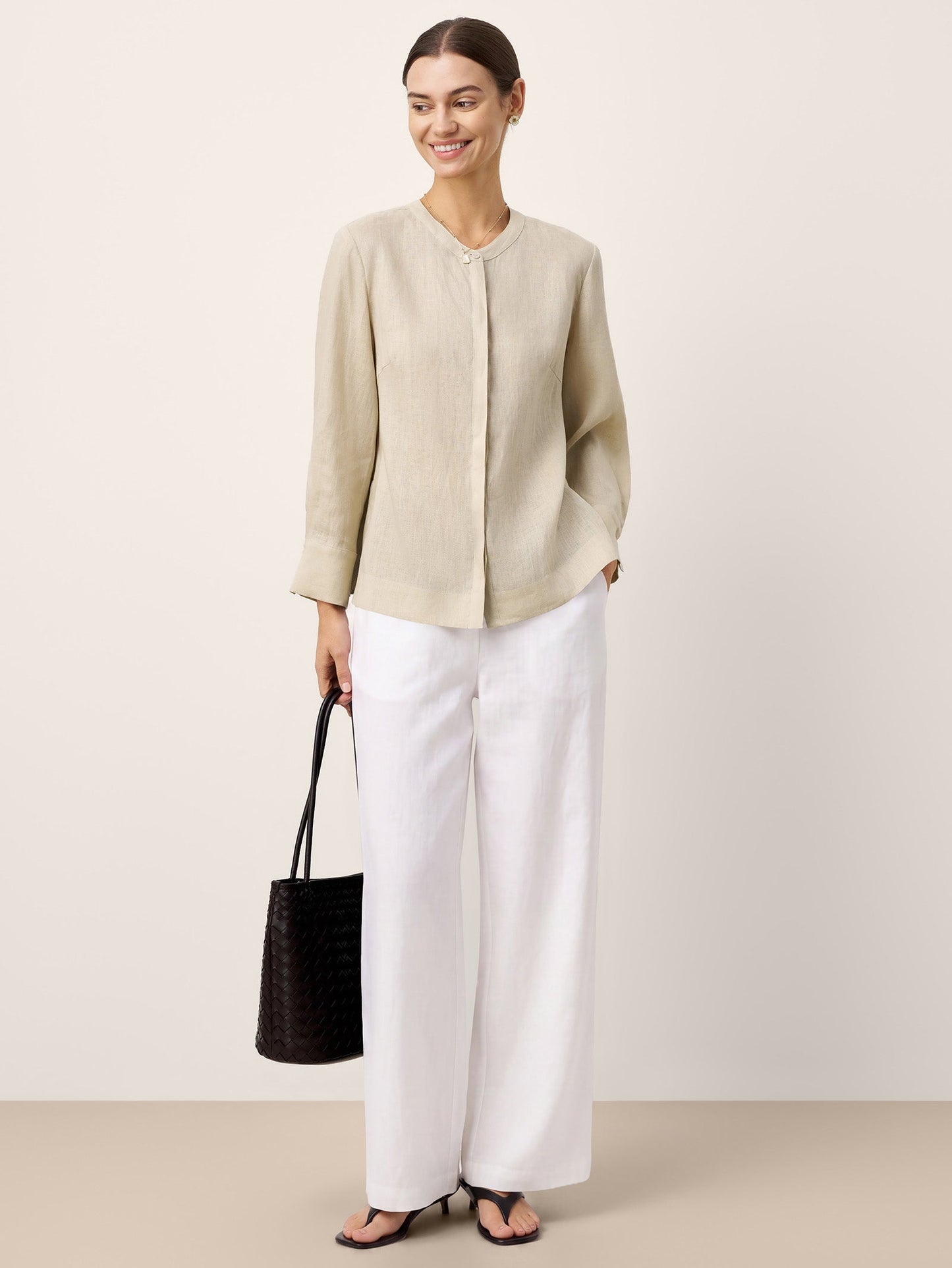 100% Linen Hidden Button Crew Neck Shirt INES