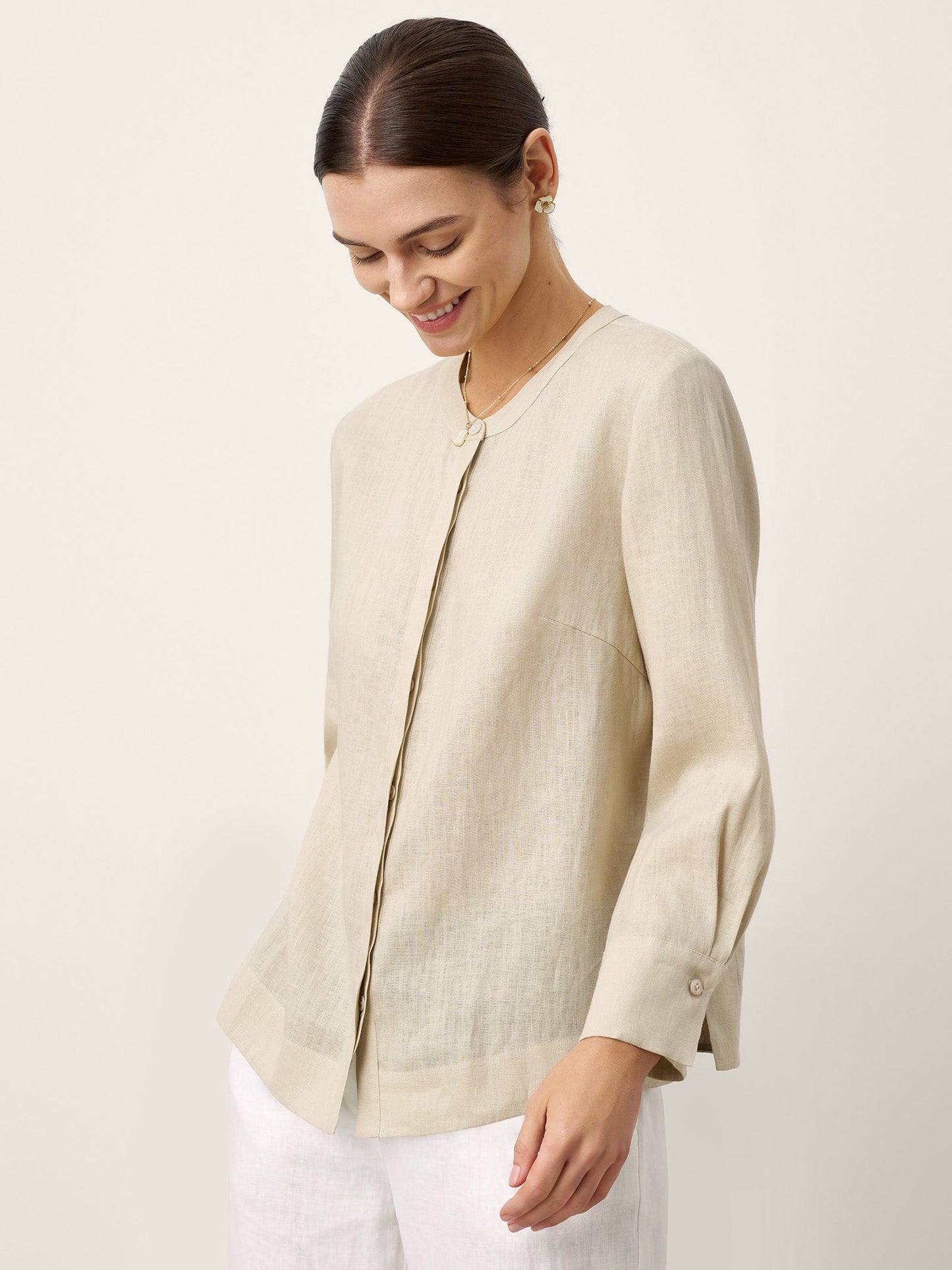 100% Linen Hidden Button Crew Neck Shirt INES