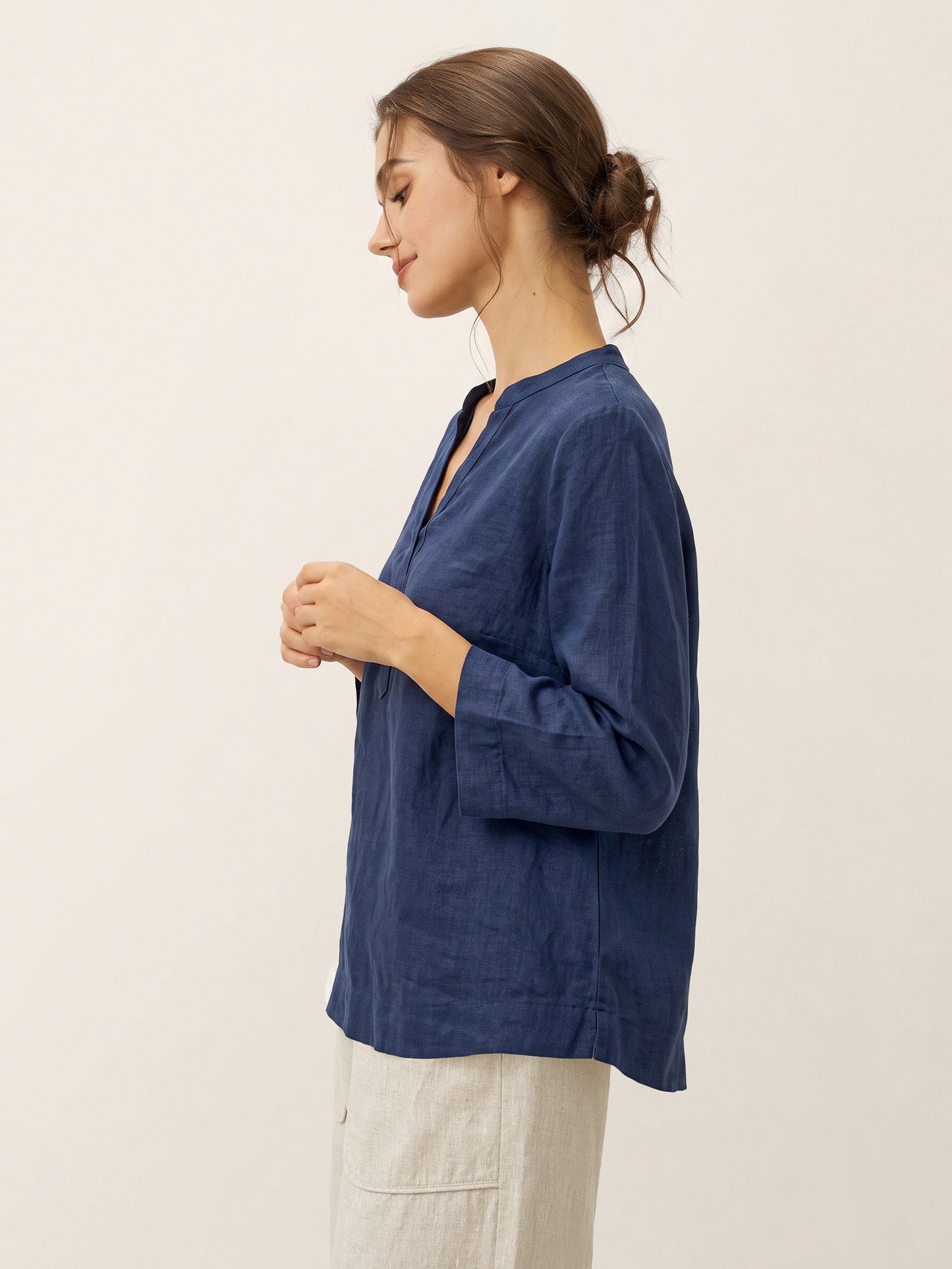 100% Linen Deep V-Neck Pullover with Button-Trim JOLYNE