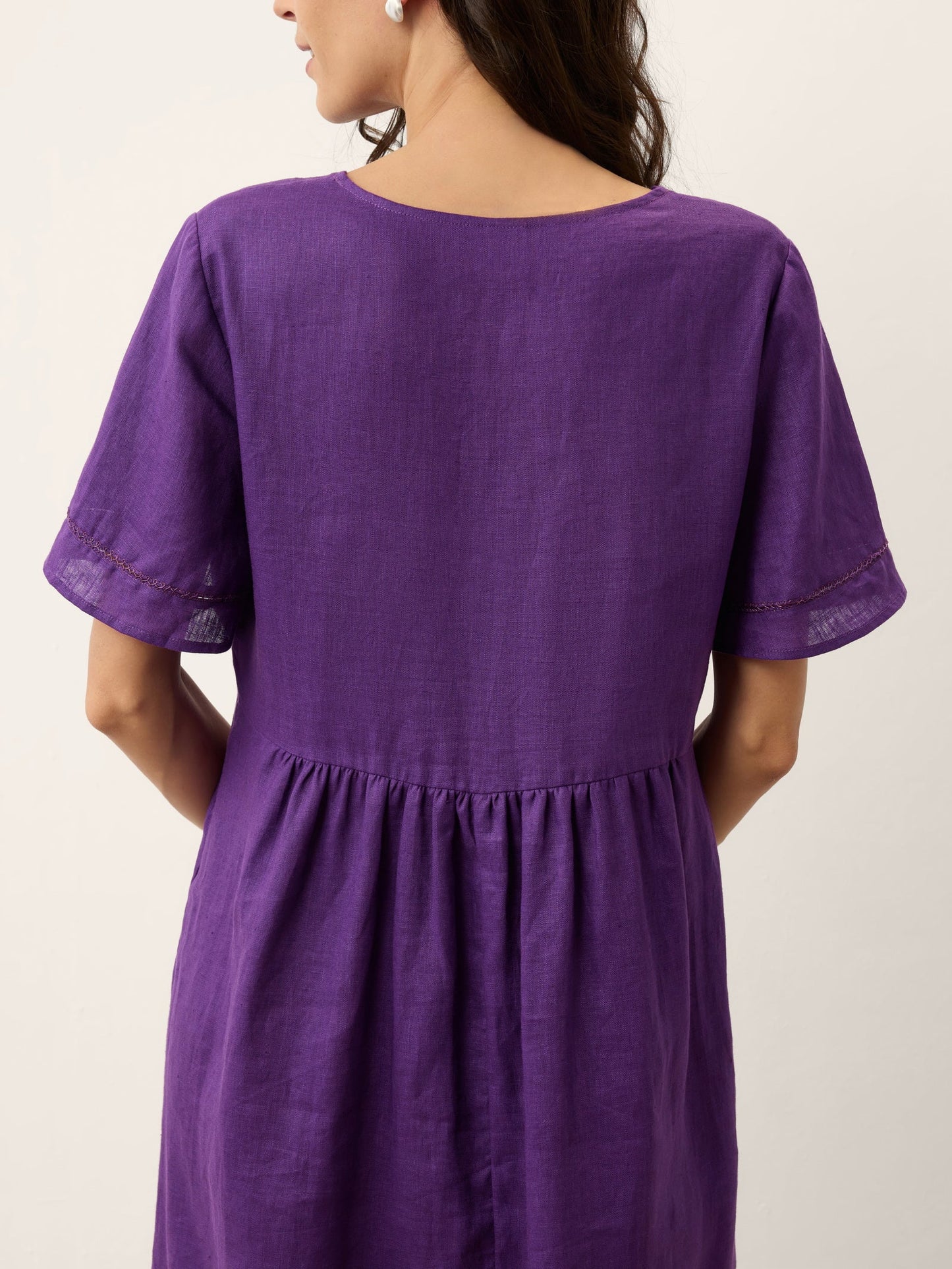 100% Linen Embroidered Cuff Split Neck Midi Dress OCTAVIA
