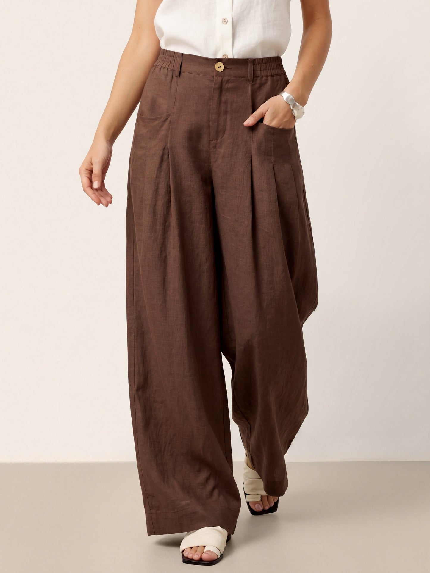 100% Linen Sculpted Pleat Elasticated Back Relaxed Pants VERIDIANA