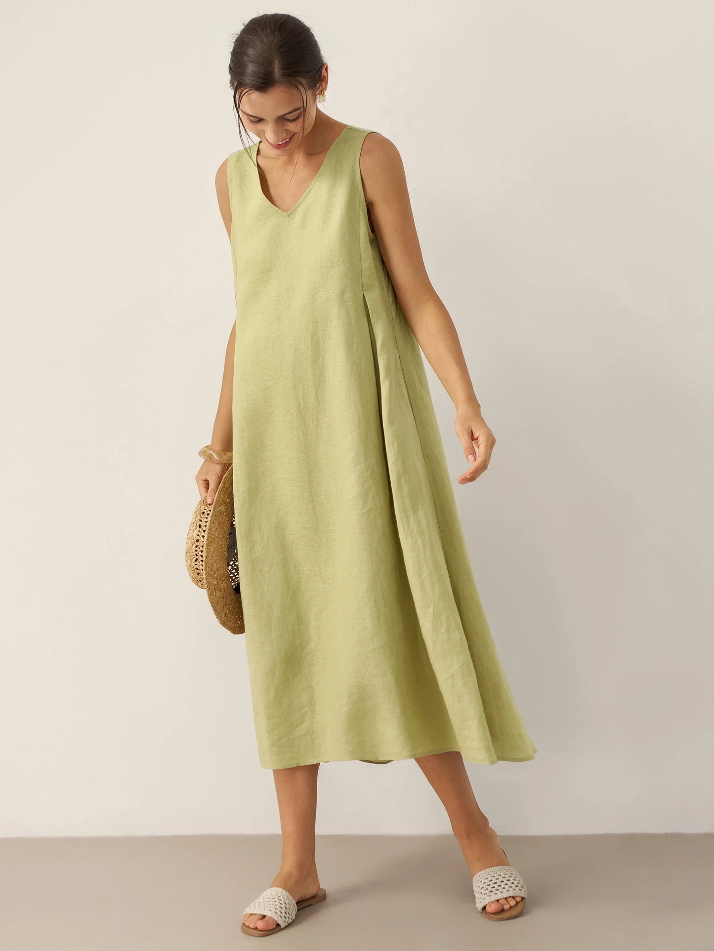 100% Linen Sleeveless A-Line Midi Dress TARA