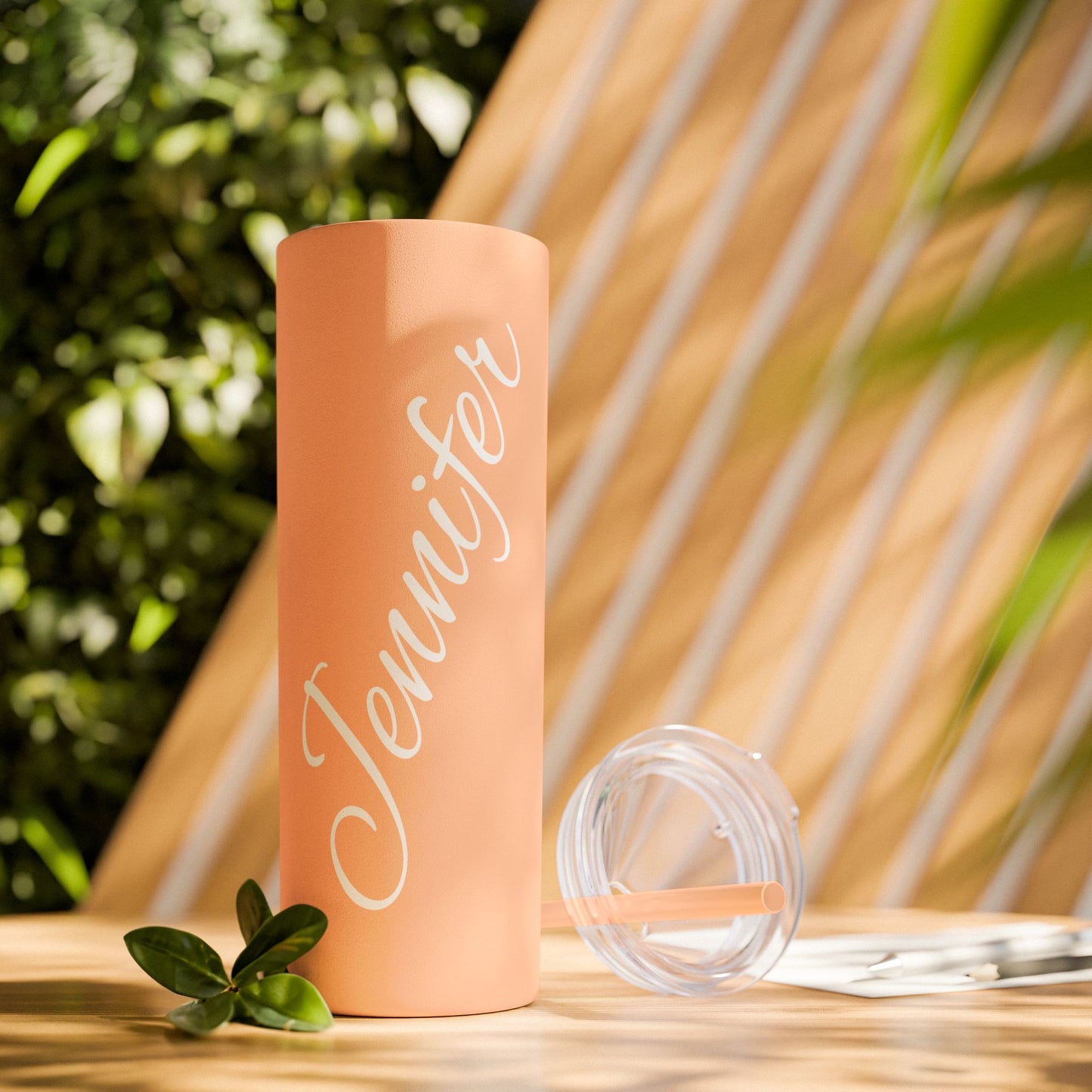 Personalized Skinny Tumbler 20oz – Coral Pink Name Tumbler (Jennifer) with Straw