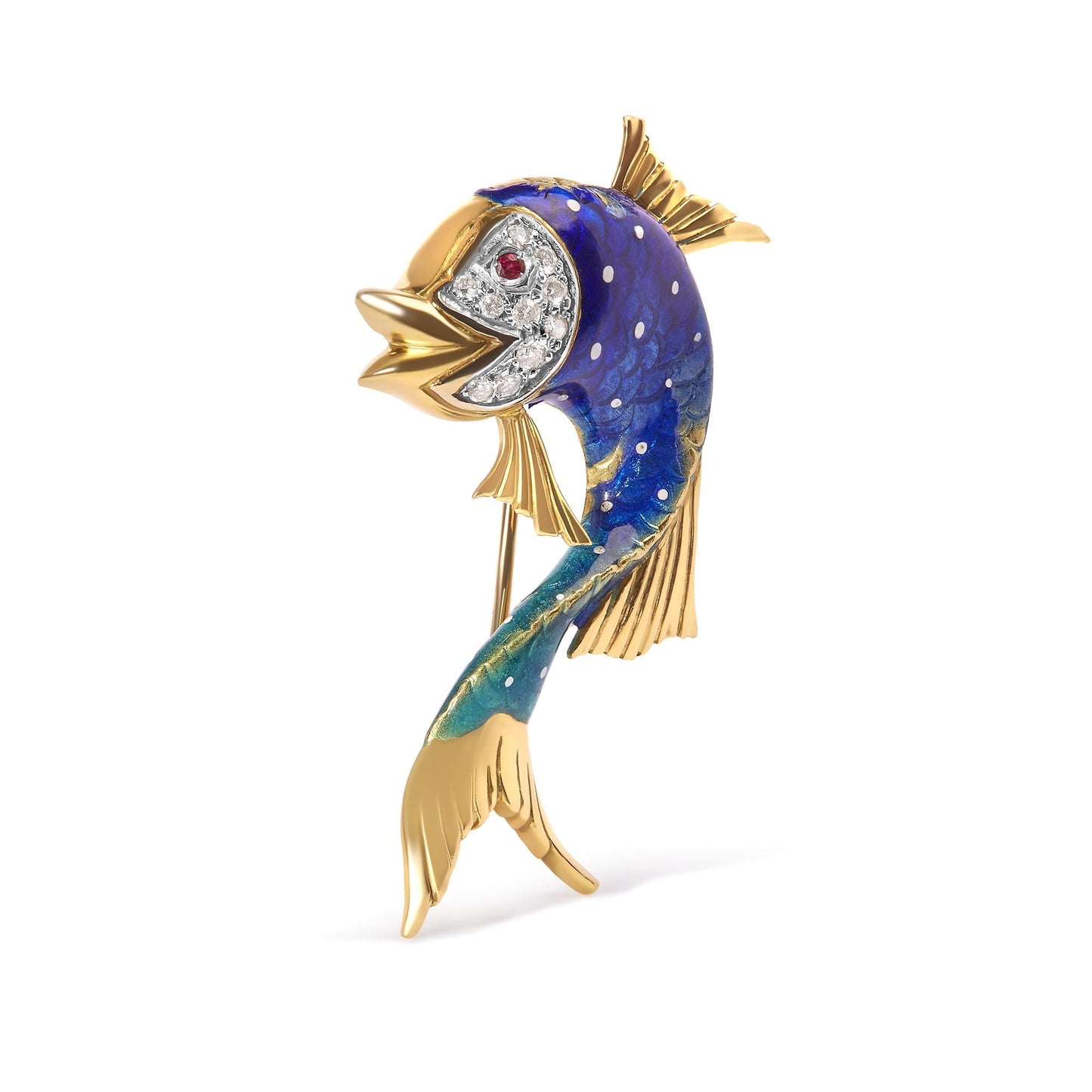 18K Yellow Gold and Blue Enamel Diamond and Pink Sapphire Fish Brooch Pin (H-I Color, VS2-SI1 Clarity)-1
