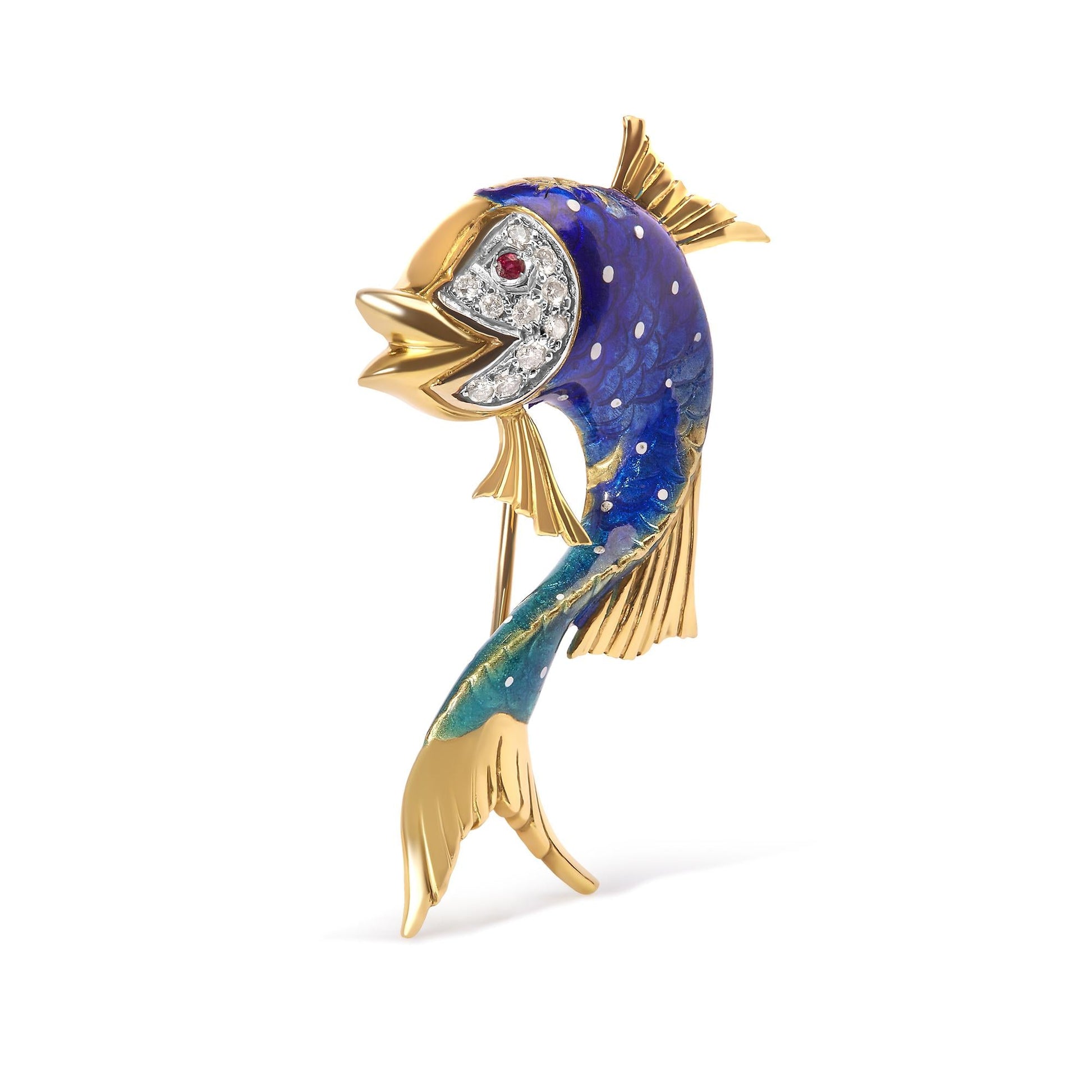 18K Yellow Gold and Blue Enamel Diamond and Pink Sapphire Fish Brooch Pin (H-I Color, VS2-SI1 Clarity)-1