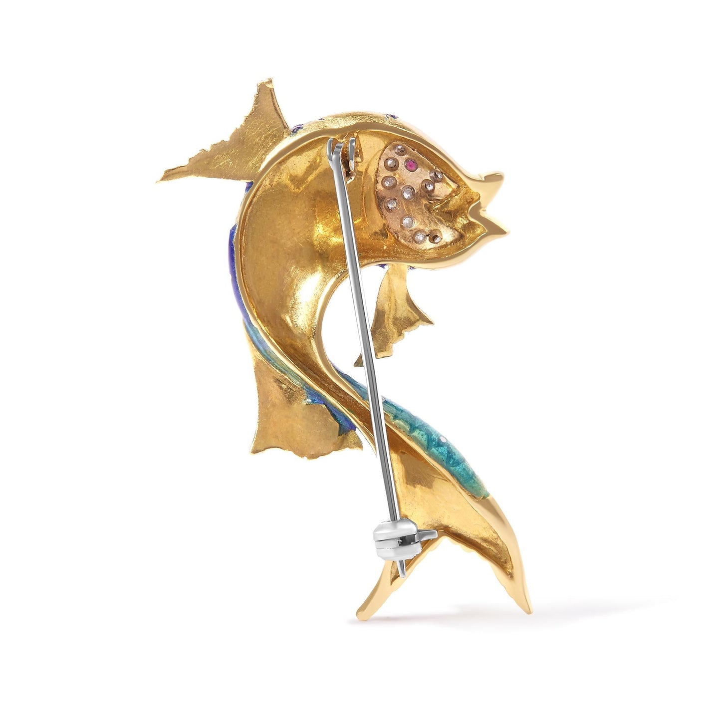 18K Yellow Gold and Blue Enamel Diamond and Pink Sapphire Fish Brooch Pin (H-I Color, VS2-SI1 Clarity)-3