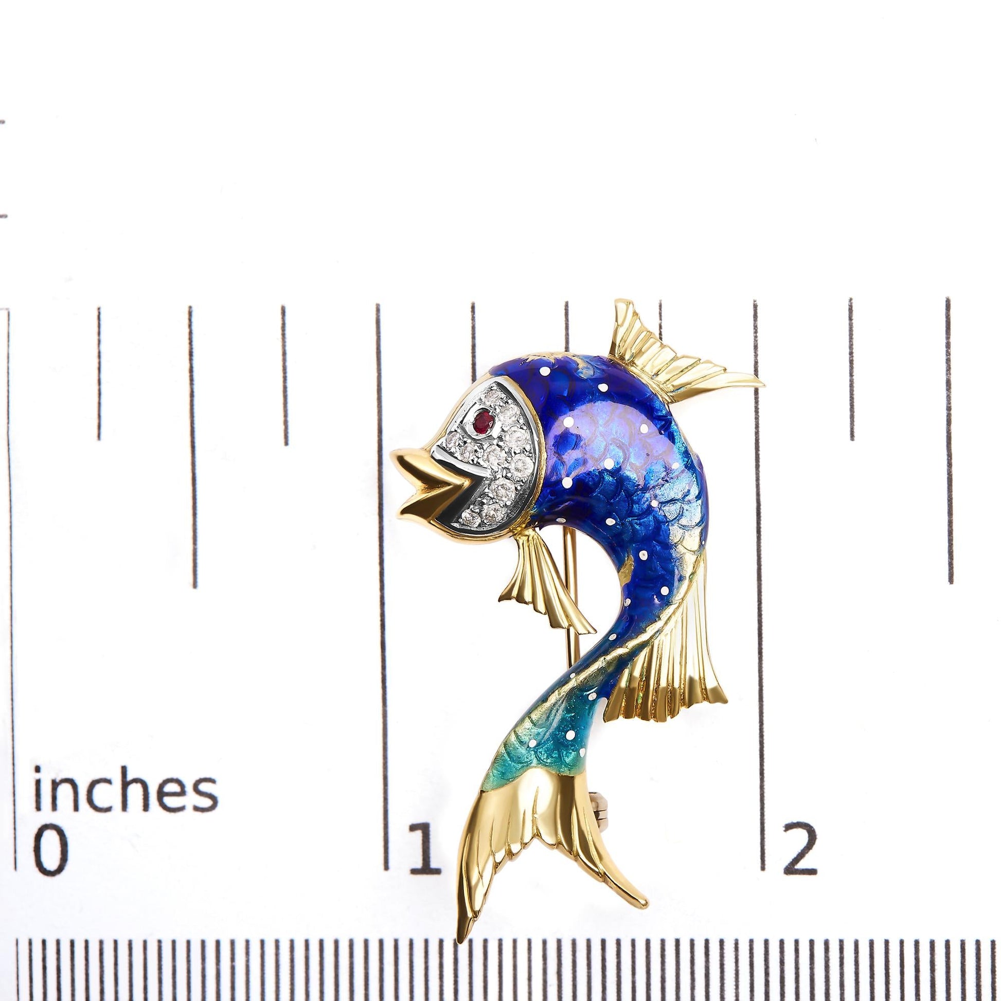 18K Yellow Gold and Blue Enamel Diamond and Pink Sapphire Fish Brooch Pin (H-I Color, VS2-SI1 Clarity)-4