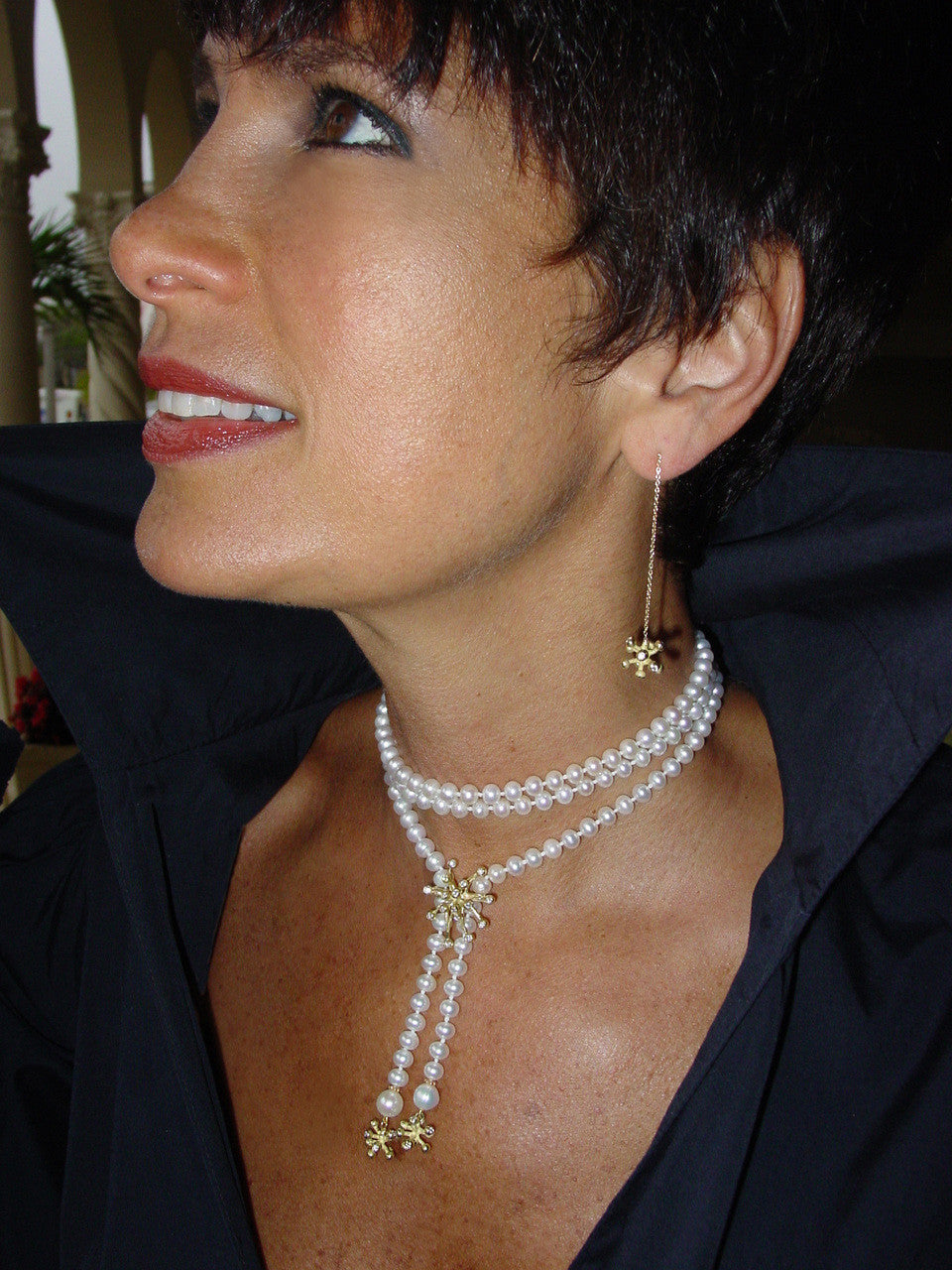 Pearl Lariat-Starburst tips in 18K and diamonds-1