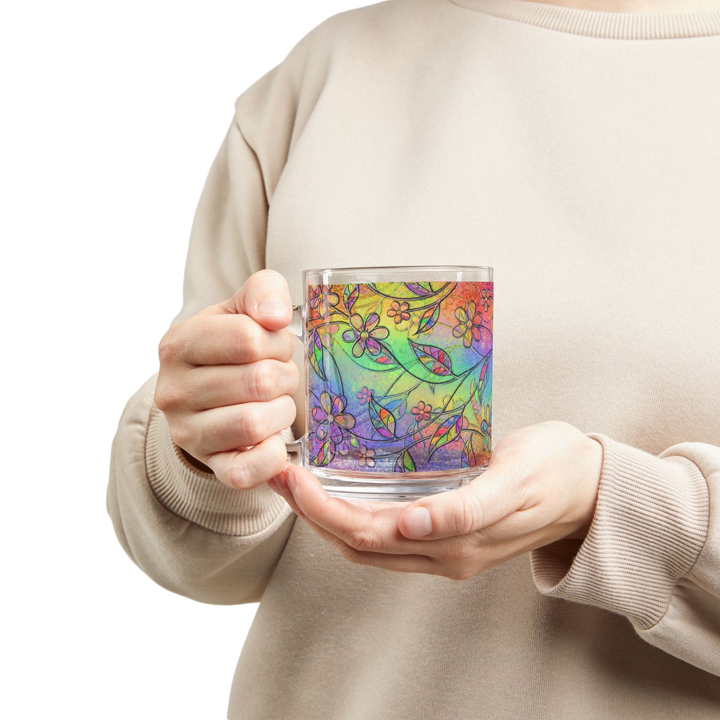 Rainbow Floral Pattern Glass Mug 10oz Colorful Flower Design