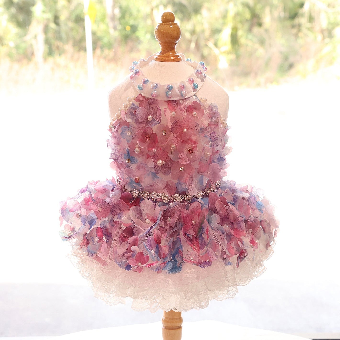 Handmade Pastel Floral Pet Dress with Pearl Collar & Lace Tutu - Party Outfit