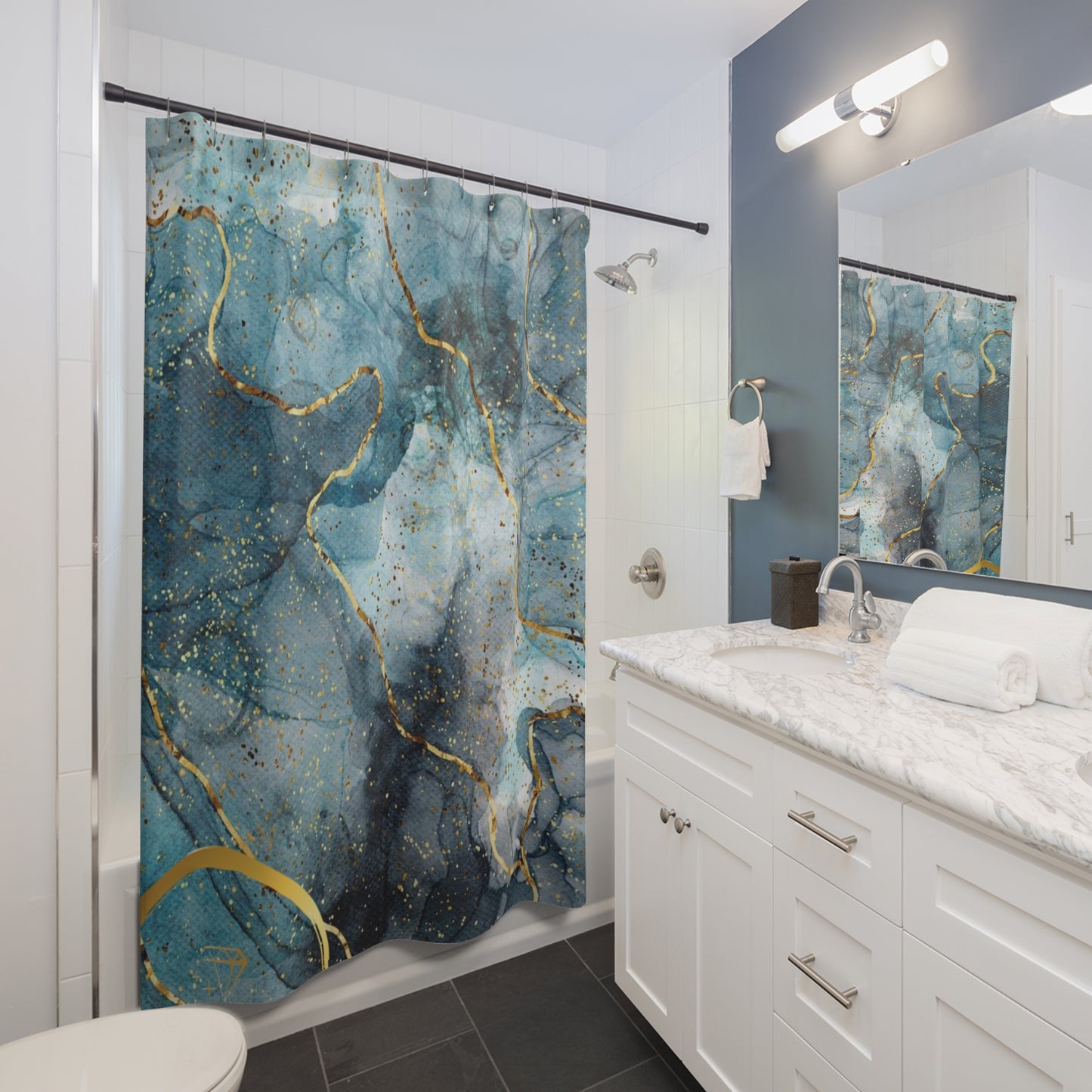 Elegant Abstract Shower Curtain, Boho Bathroom Decor, Blue Gold Home Accent, Gift for Her, Spa Vibes, Modern Interior