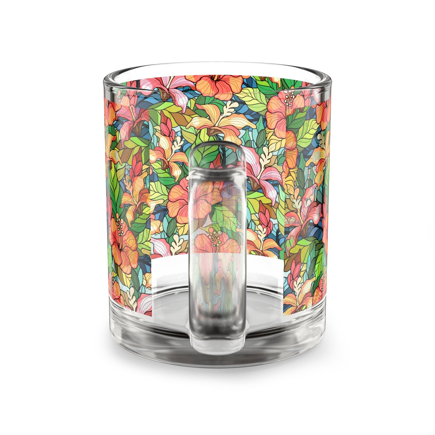 Multicolor Hibiscus Floral Print Stained Glass Mug, 10oz Glass Mug