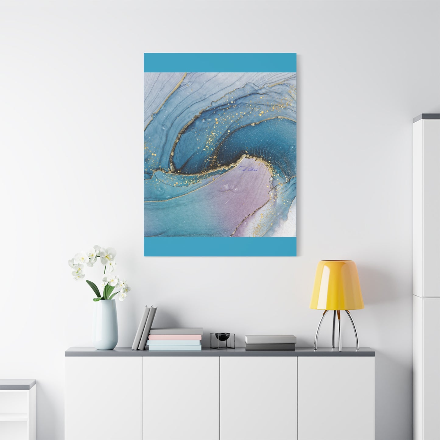 Canvas Wall Art, Abstract Ocean Wave, Modern Decor, Home Office, Gift for Her, Blue Gold Artwork, Living Room Wall Decor