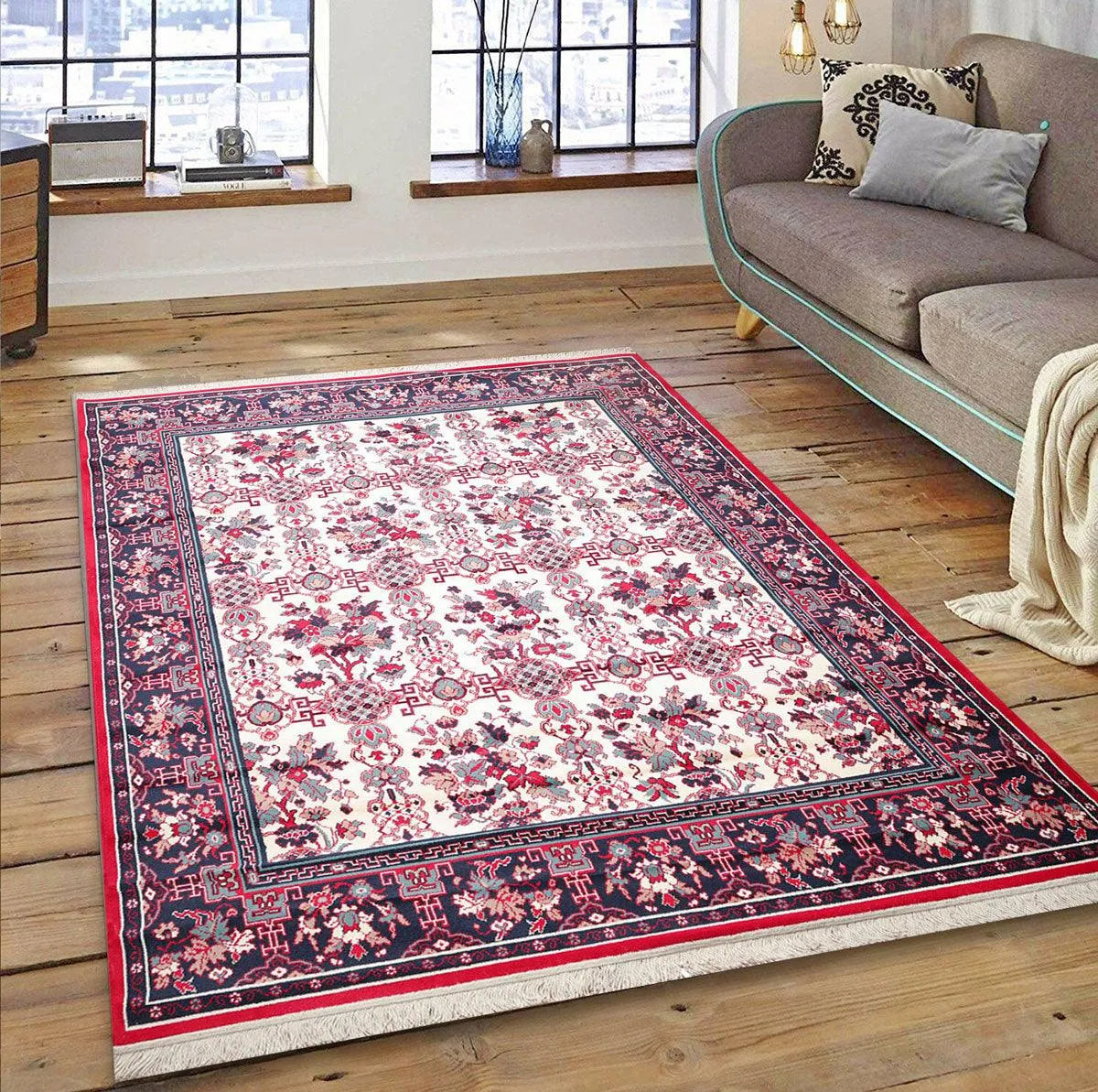 8x10 Cream, Navy Machine Made Polypropylene Traditional Oriental Area Rug-0