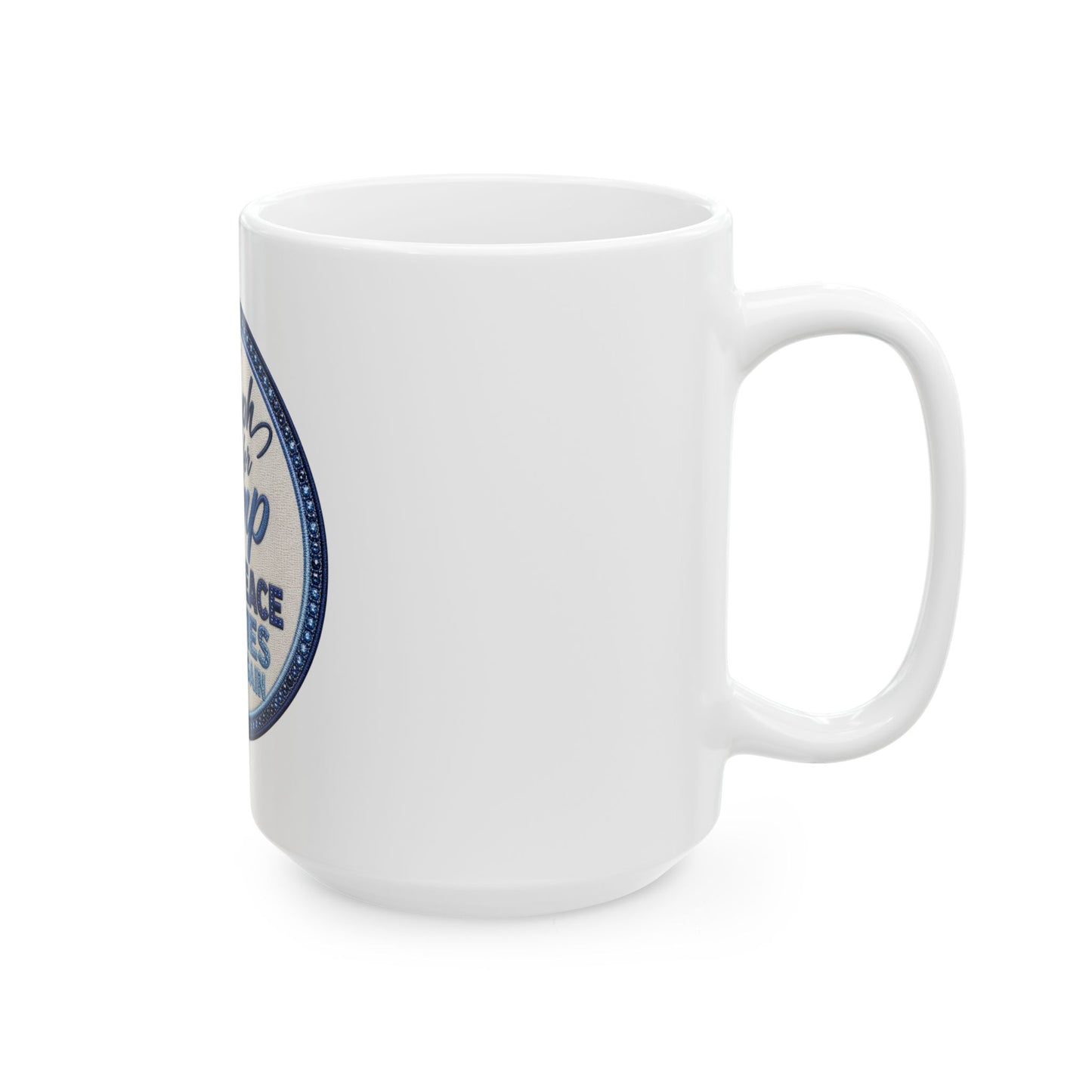 White mug with a blue and white logo on a white background Make Peace Treaties Ceramic Mug — "Triumph for Trump" Political Coffee Cup